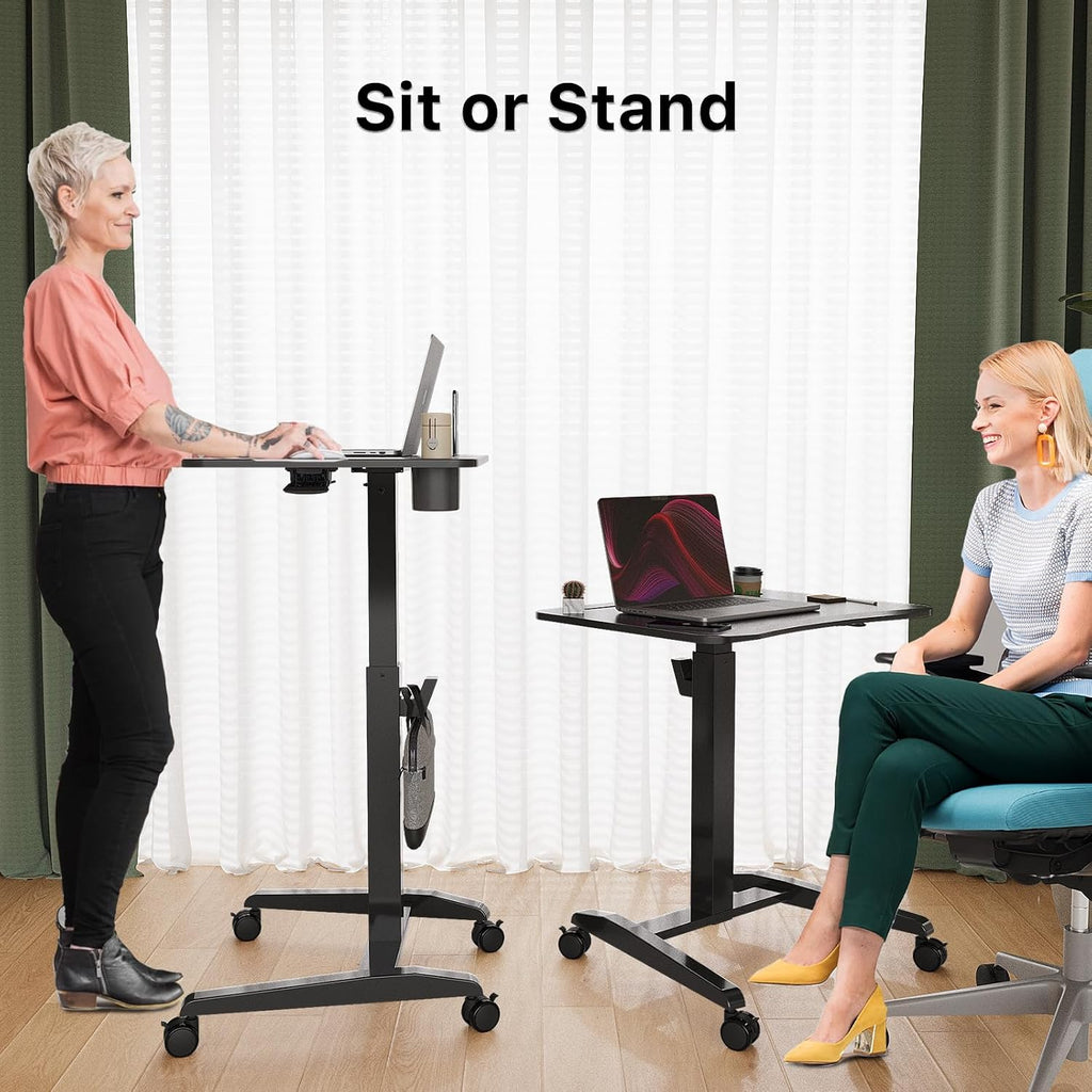 Gibbon Mounts Mobile Standing Desk, Height Adjustable Rolling Laptop Desk with Cup Holder, 27 inches Portable Sit Stand Desk with Wheels and Hook, Pneumatic Computer Table, Black
