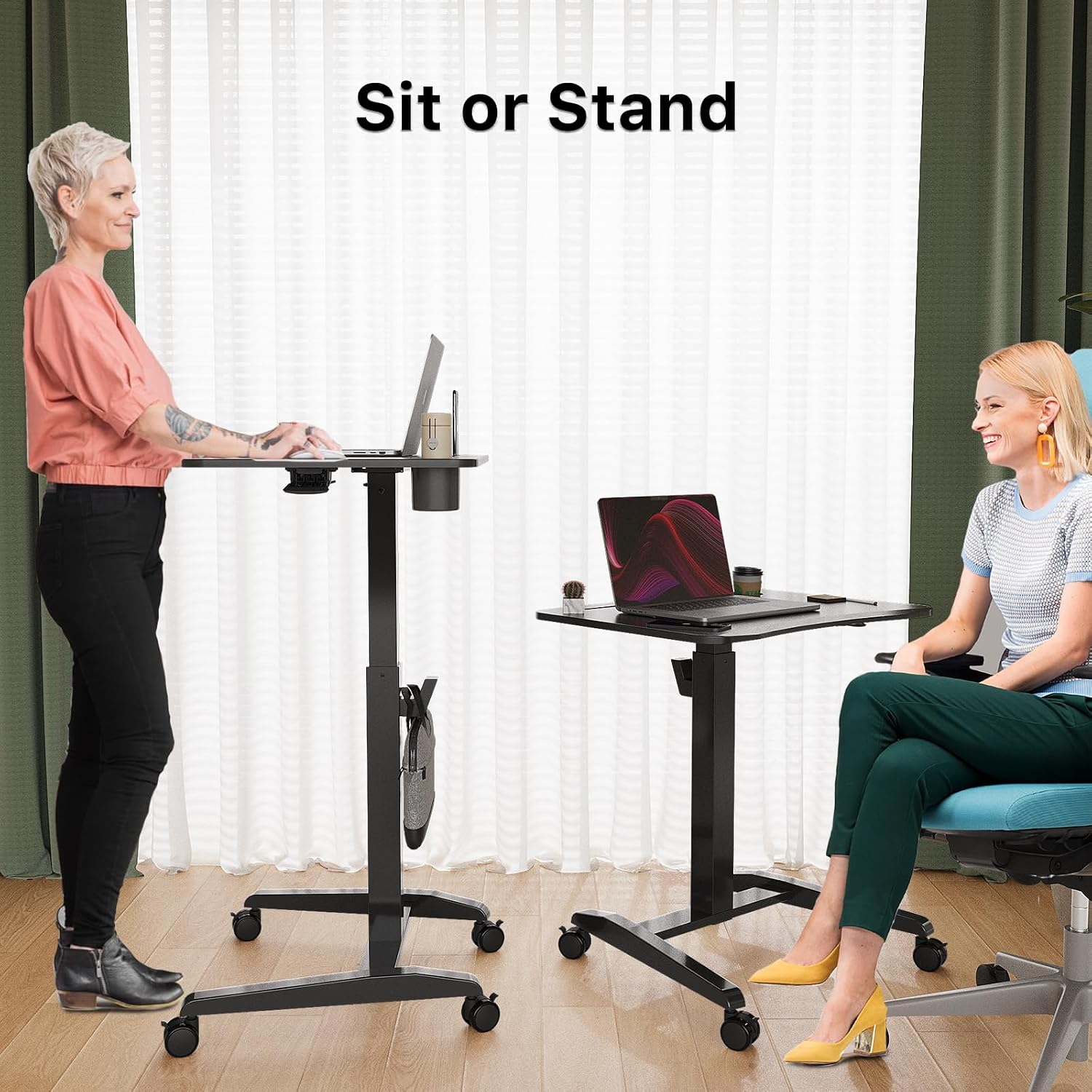 Gibbon Mounts Mobile Standing Desk, Height Adjustable Rolling Laptop Desk with Cup Holder, 27 inches Portable Sit Stand Desk with Wheels and Hook, Pneumatic Computer Table, Black