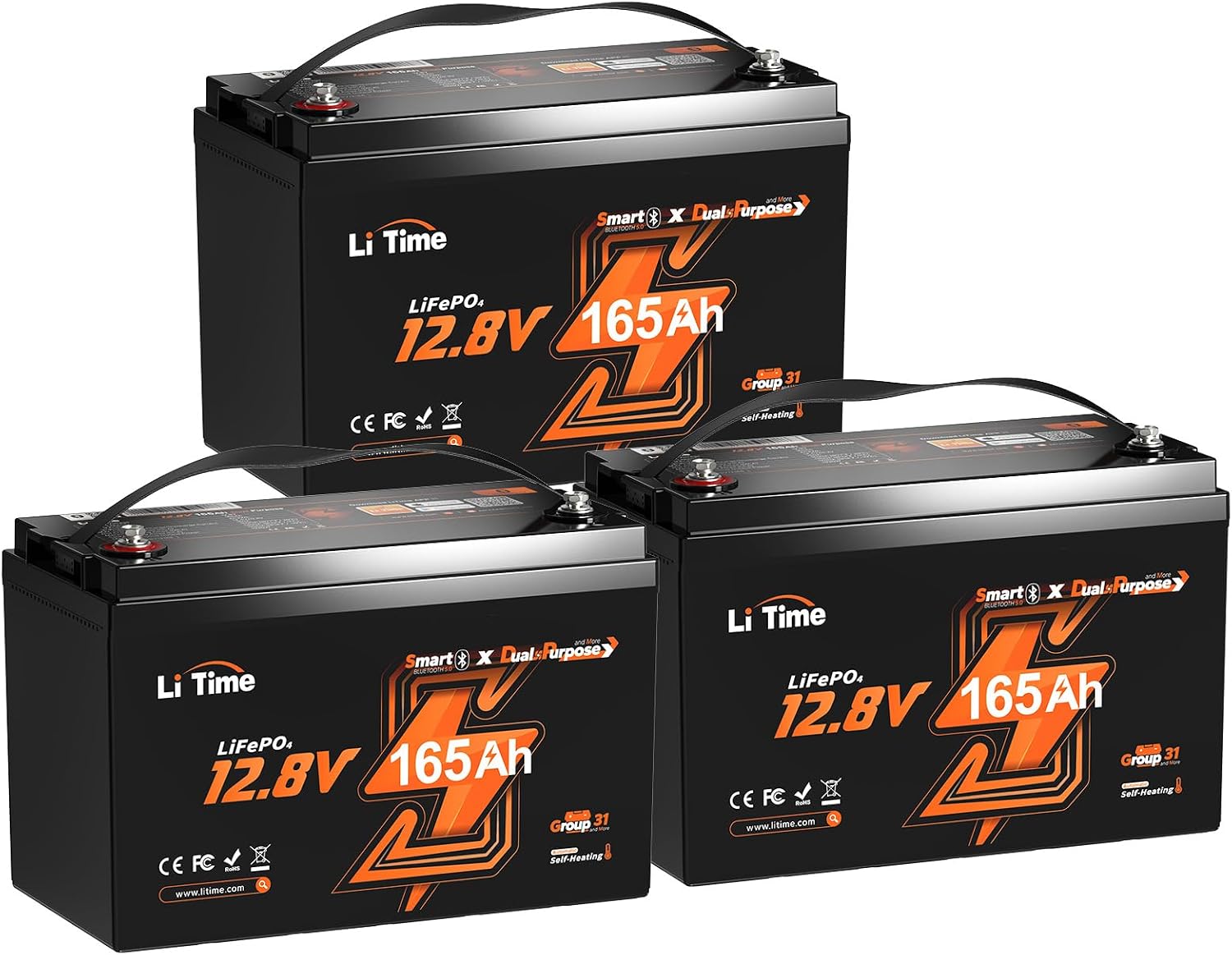 Litime 12V 165Ah Dual Purpose LiFePO4 Lithium Marine Starting Battery, 1200CCA, Deep Cycle Cranking & Storage Battery for Boat, Group 31, Compatiable with Mercury, Honda, Suzuki, Evinrude 3-Pack