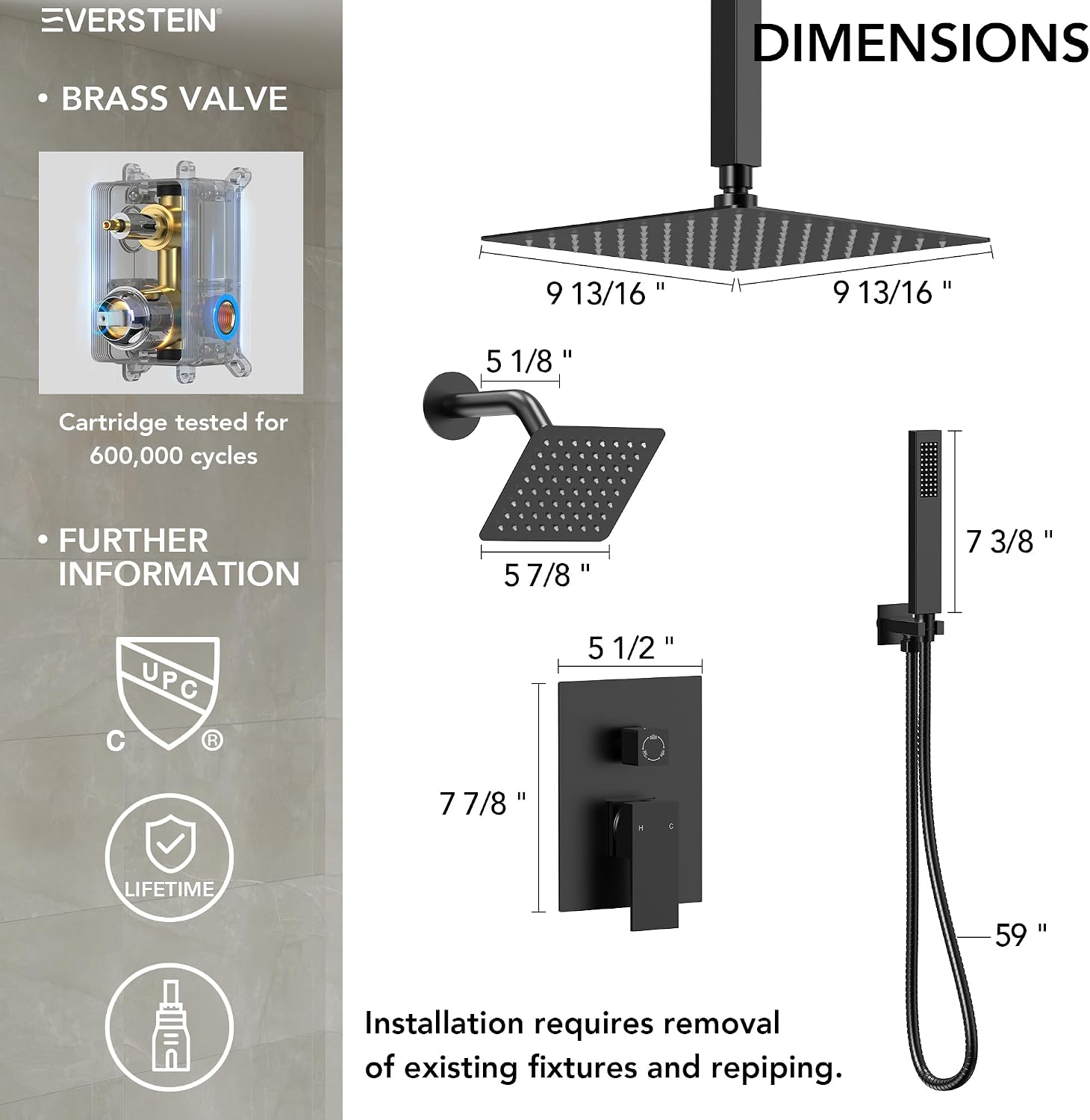 10' High-Pressure Rainfall Shower Faucet, Celling Mount Dual Shower Head System, Matte Black