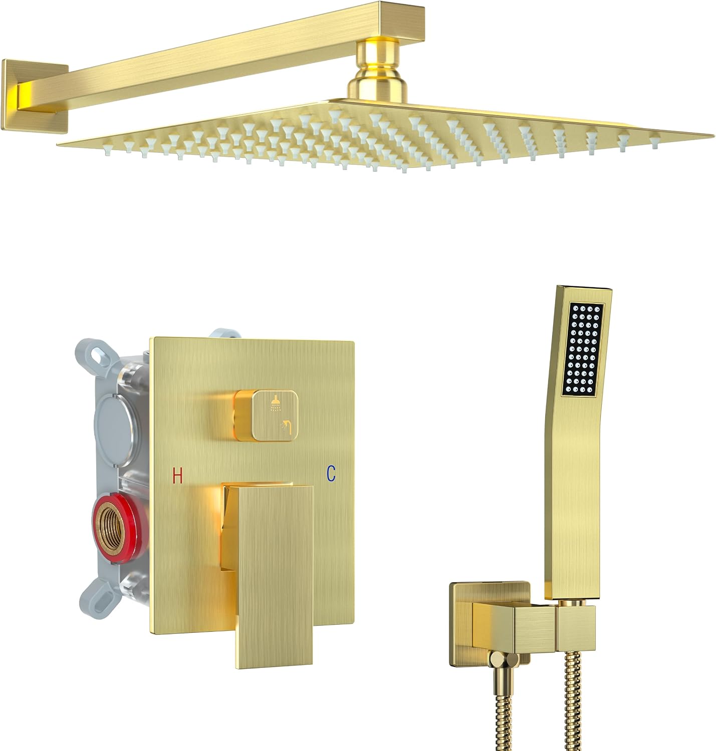 12 Inch Shower Faucet Set, Shower System with Rain Shower Head and Handheld Shower Head, Spray Wall Mounted Rainfall Shower Fixtures, Brushed Gold