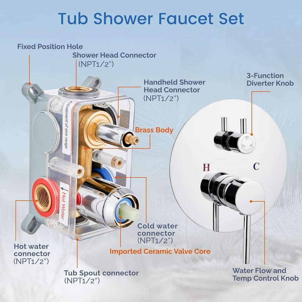 Airuida 3-Function Rain Shower System Set – Wall Mount Tub Shower Combo with Handheld Shower and Tub Spout,8 Inch Shower Head,Polished Chrome