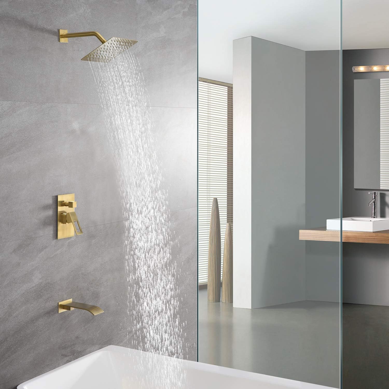sumerain Wall Mount Tub and Shower Faucet Set Brushed Gold with 8 Inch Shower Head, Waterfall Tub Spout and Anti-scalding Pressure Balance Valve