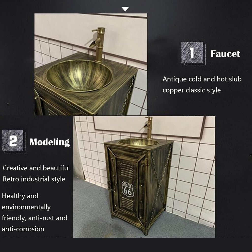 Industrial Style Retro,Creative One Piece Pedestal Basin Wrought Iron,Pedestal Sink Storage Cabinet Two Tiers - Toilet Standing Washbasin,Ideal for Organizing Bathroom ES-Black-Without Mirror