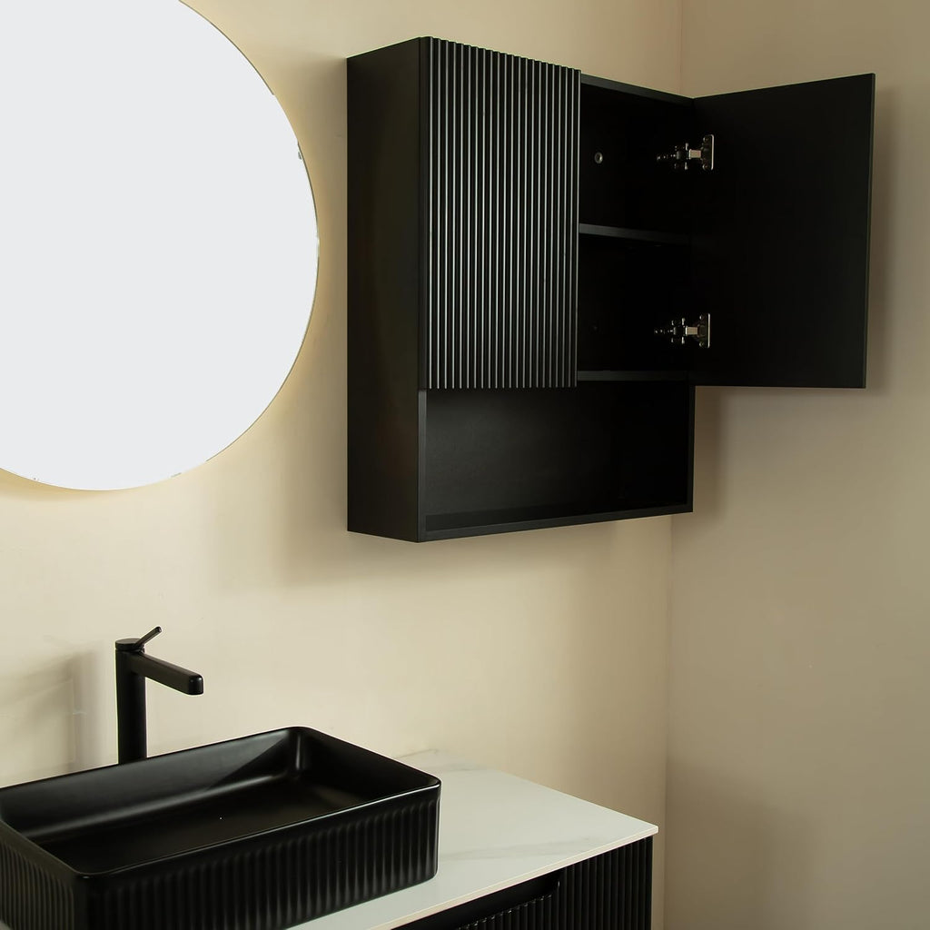 26' Wall-Mounted Striped Bathroom Cabinet, with Doors, Shelf and Open Storage Compartment Over The Toilet Storage Cabinet for Bathroom, Kitchen, Laundry Room, Black