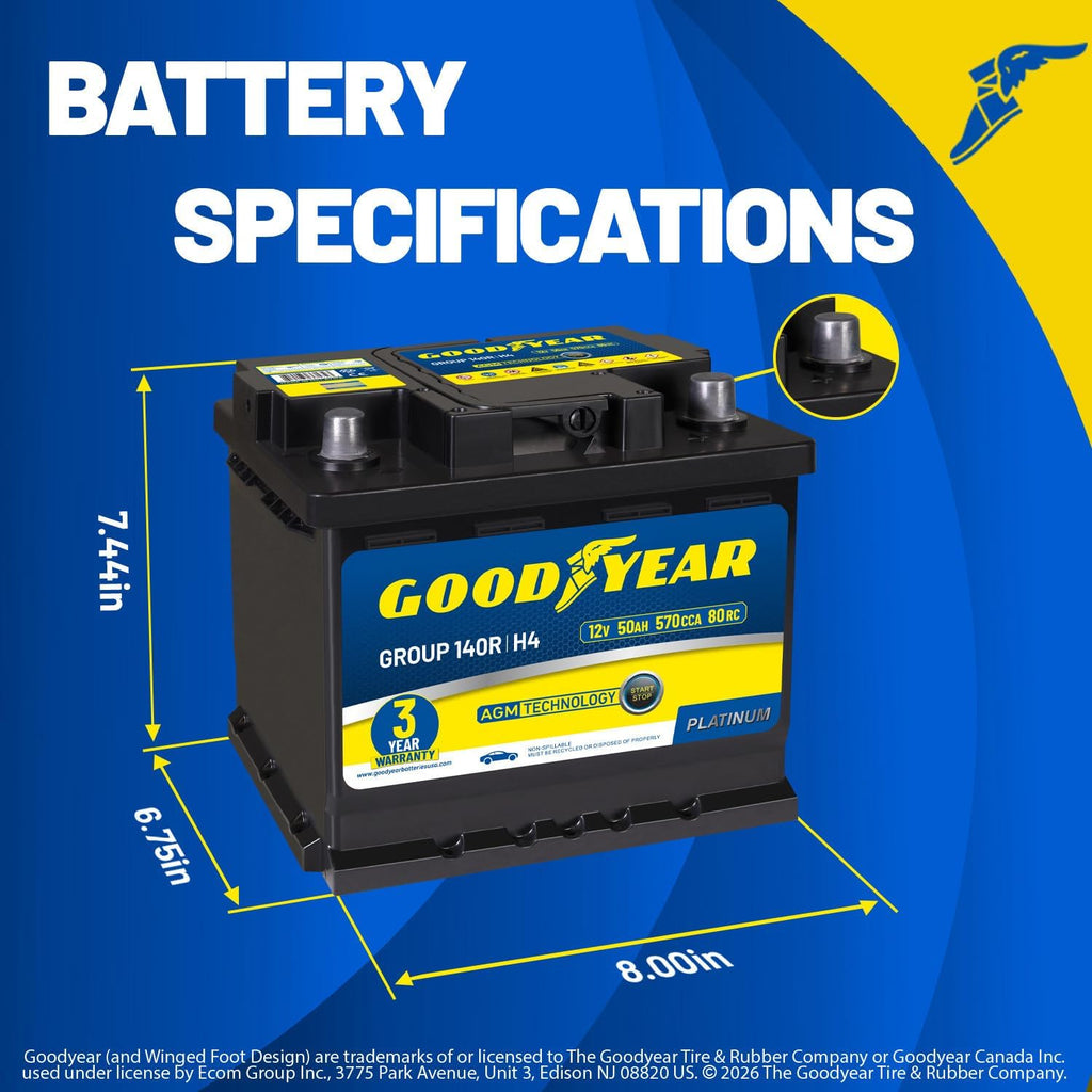 Goodyear 140R-H4-AGM BCI Group Size 140R 12V 50 AH, 80RC, 570 CCA Platinum series Rechargeable AGM Maintenance Free Automotive Battery