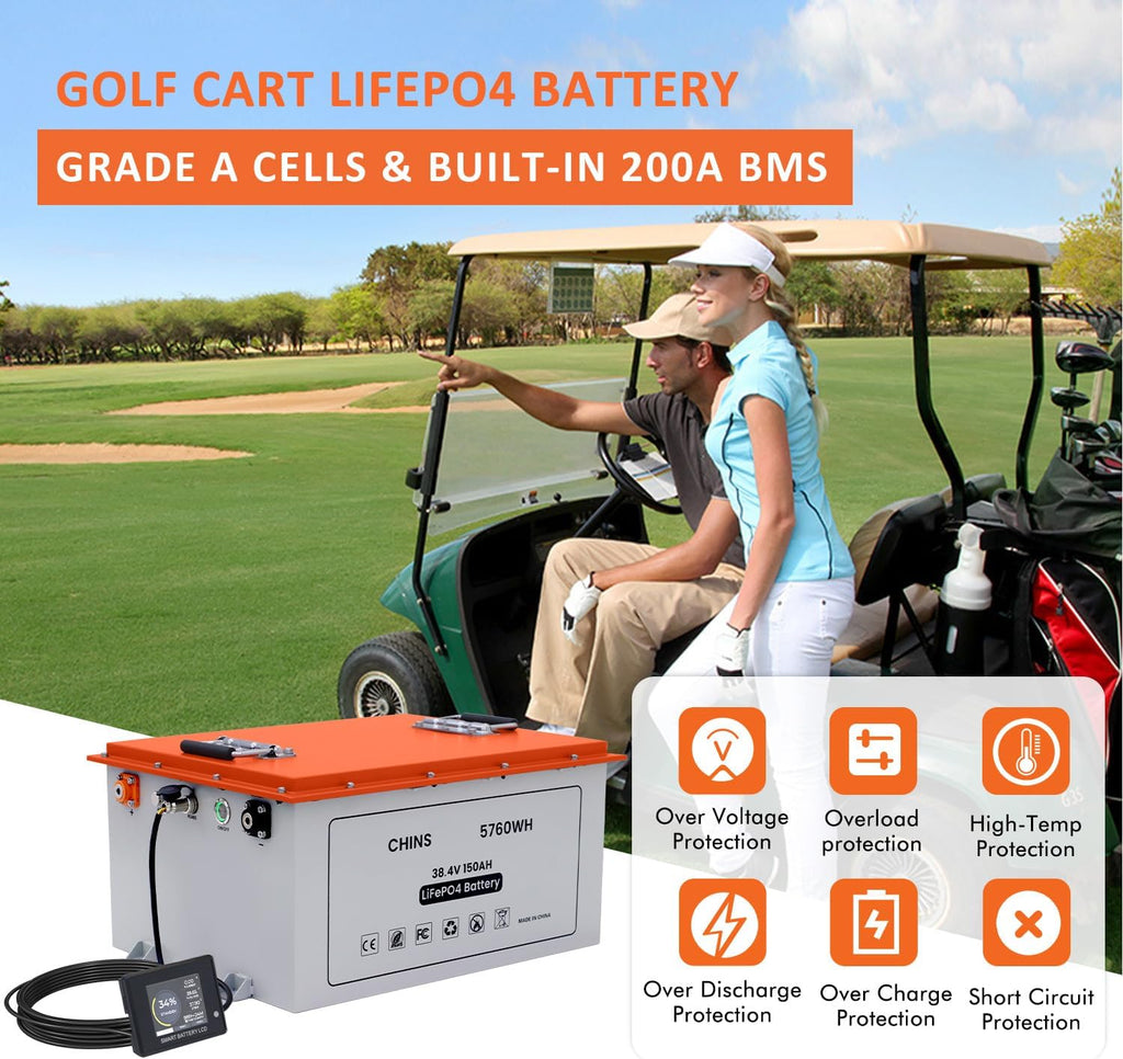 CHINS Smart 36V 150AH Bluetooth LiFePO4 Battery Lithium Battery Perfect for Golf Cart, Trolling Motor, Marine, Built-in 200A BMS, Includes 36V 25A Charger and Battery Monitor, Peak Current 1000A