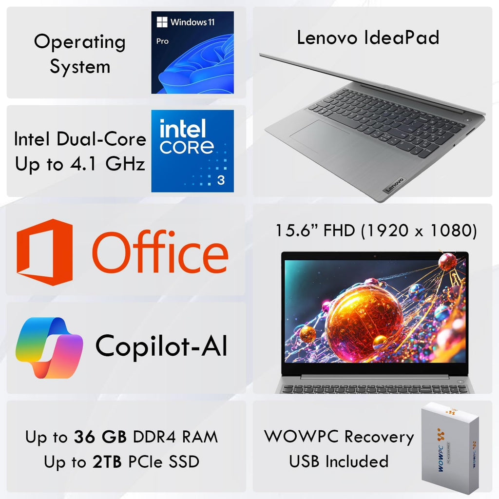 Lenovo Ideapad Business Laptop with Microsoft Office, Intel Dual-Core Processor(Up to 4.1 GHz), 15.6' FHD Display, 12GB RAM, 256GB SSD, SD Card Reader, Windows 11, Copilot AI-Ready, WOWPC USB