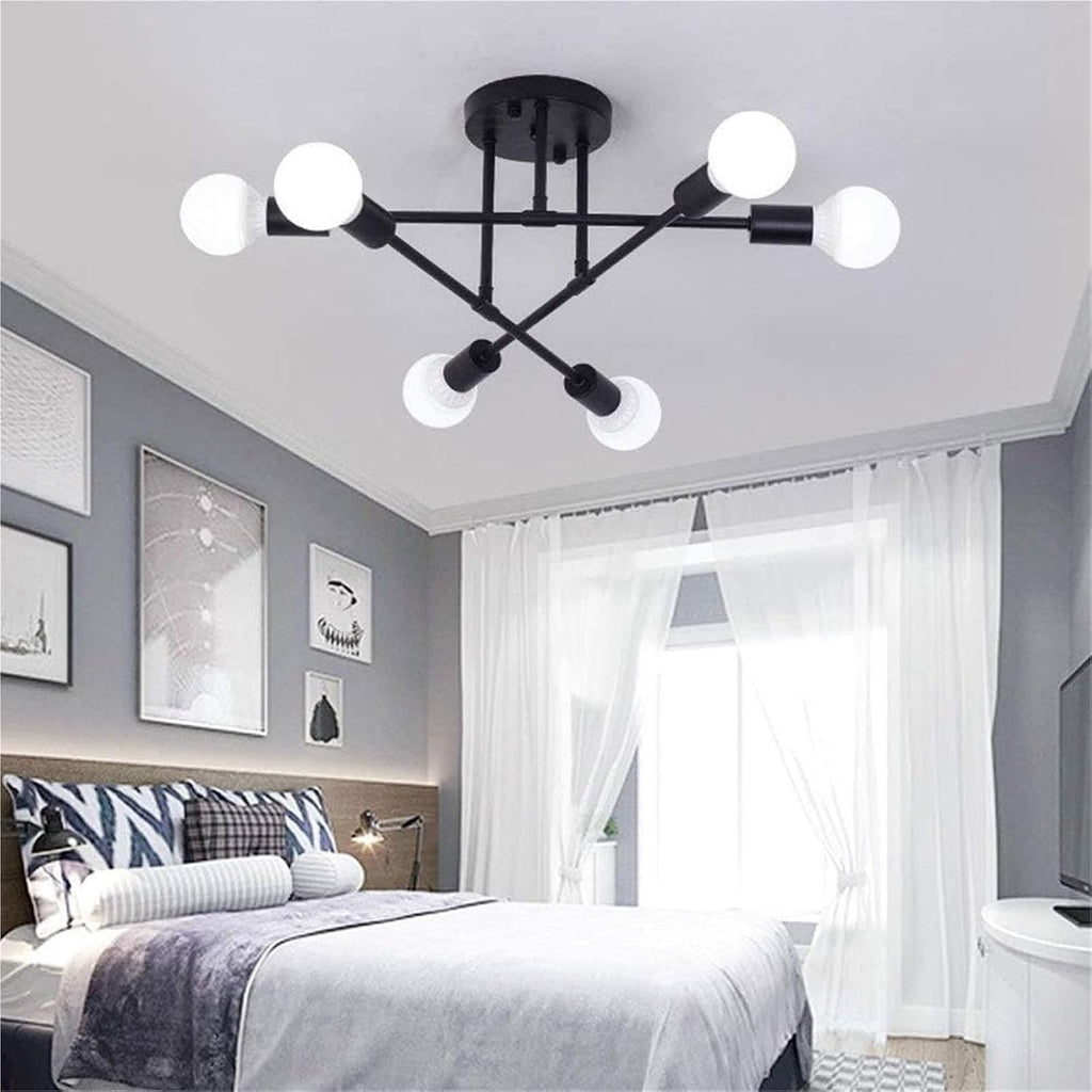 Vintage Industrial 6-Light Semi-Flush Ceiling Light, Black Wrought Iron Chandelier Close to Ceiling Lights Fixture for Dining Room, Kitchen, Living Room, Hallway, Entryway