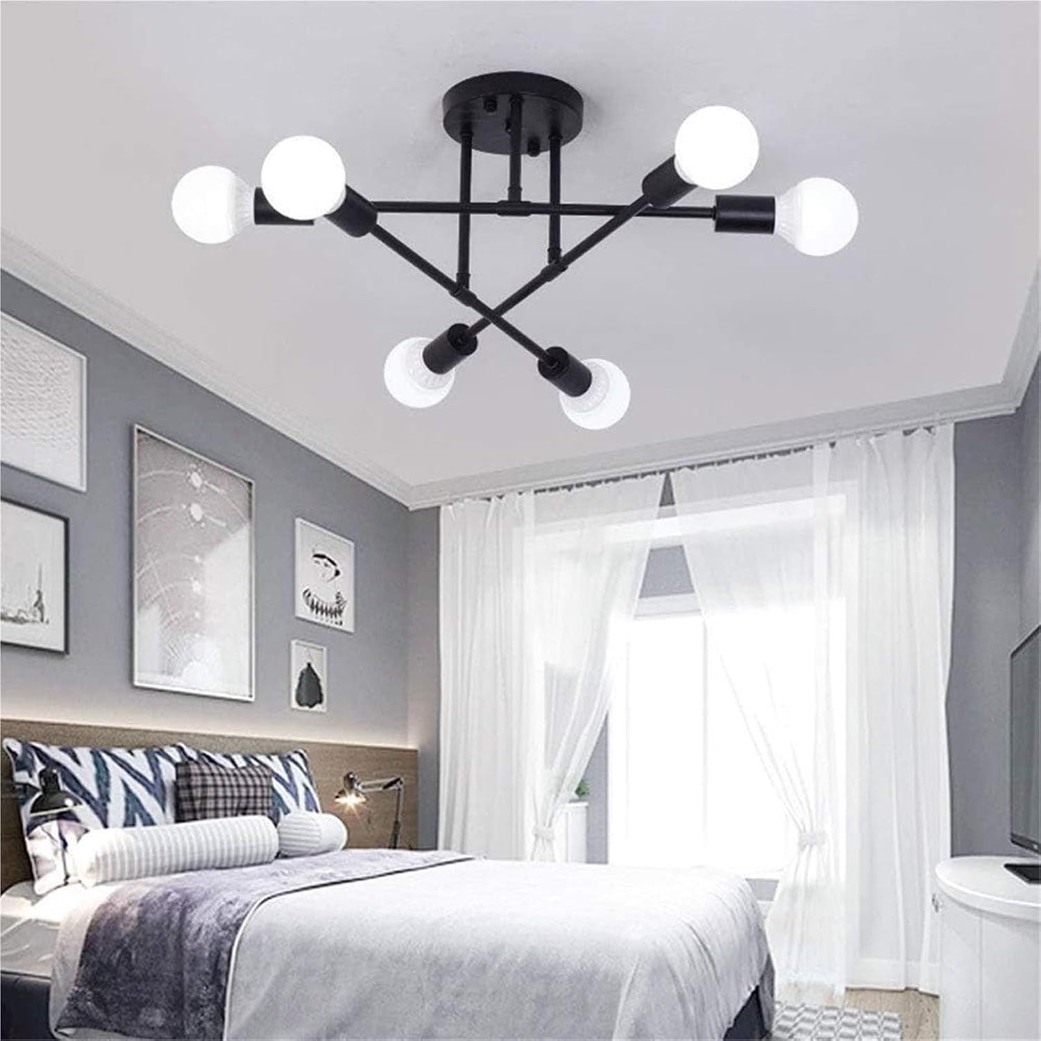 Vintage Industrial 6-Light Semi-Flush Ceiling Light, Black Wrought Iron Chandelier Close to Ceiling Lights Fixture for Dining Room, Kitchen, Living Room, Hallway, Entryway