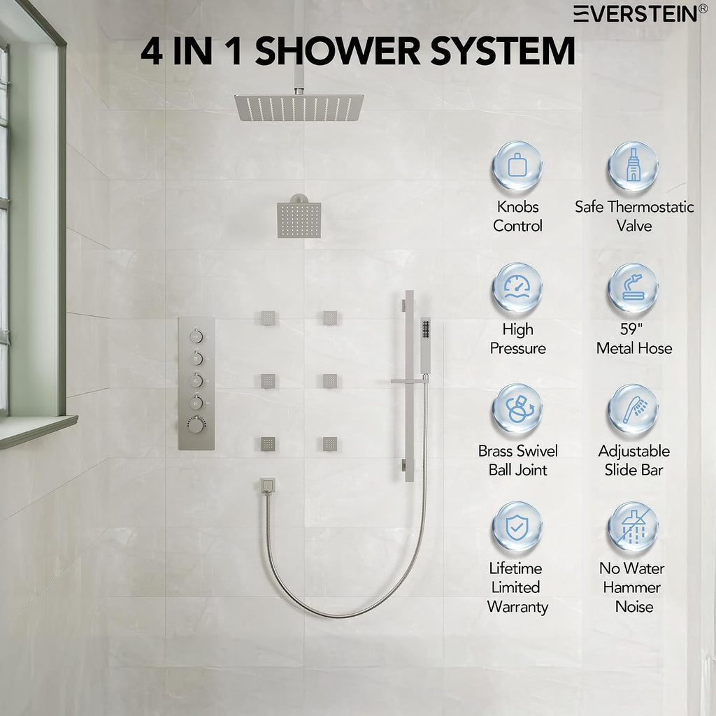 16 Inch Rainfall Shower System for Bathroom with Valve, Dual Rainfall Shower Head Faucet with 6 Body Jets (Brushed Nickel)