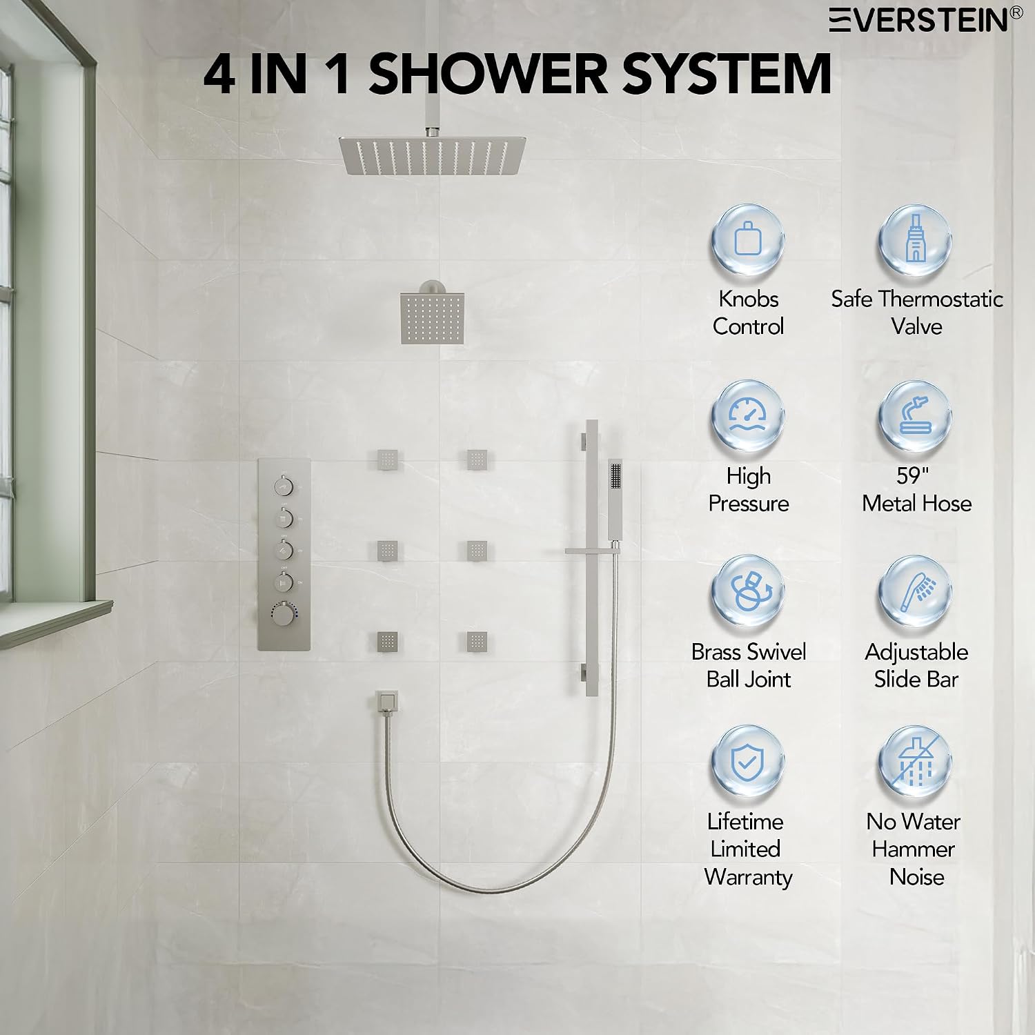 16 Inch Rainfall Shower System for Bathroom with Valve, Dual Rainfall Shower Head Faucet with 6 Body Jets (Brushed Nickel)