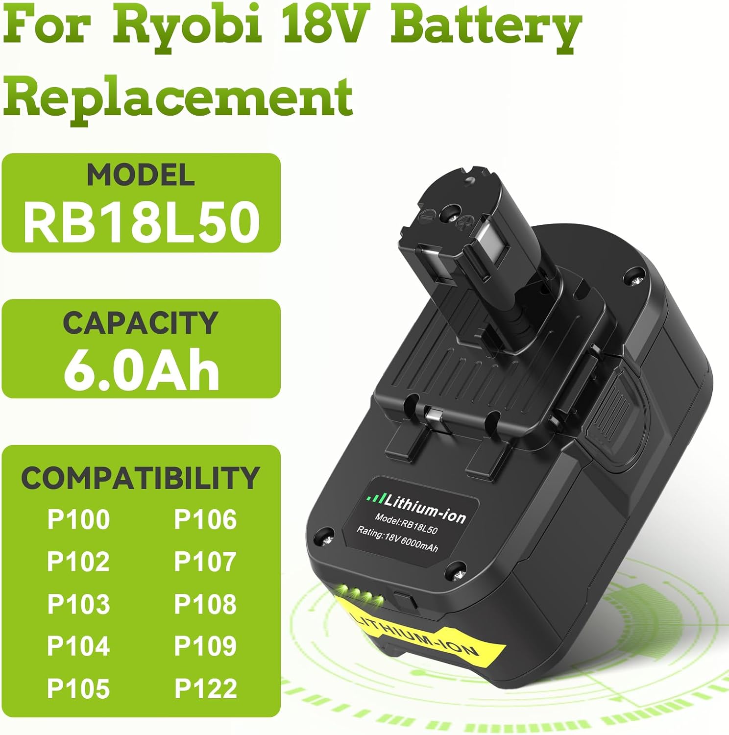 6 Pack 6.0Ah 18V Lithium Battery Compatible for Ryobi RB18L50 P108 P102 P104 High Capacity Cordless Tool Batteries with LED Indicato