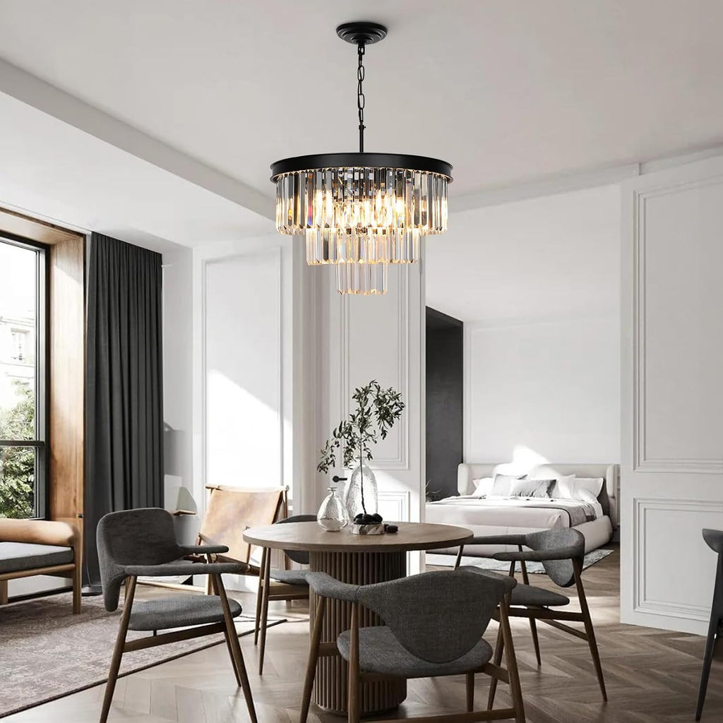 Weesalife Crystal Chandeliers for Dining Room Lights Fixtures, 9 Lights Black Modern Chandeliers for Bedroom, 3-Tier Round Crystal Lighting Fixtures for Living Room Entryway Kitchen Island D20 Inch