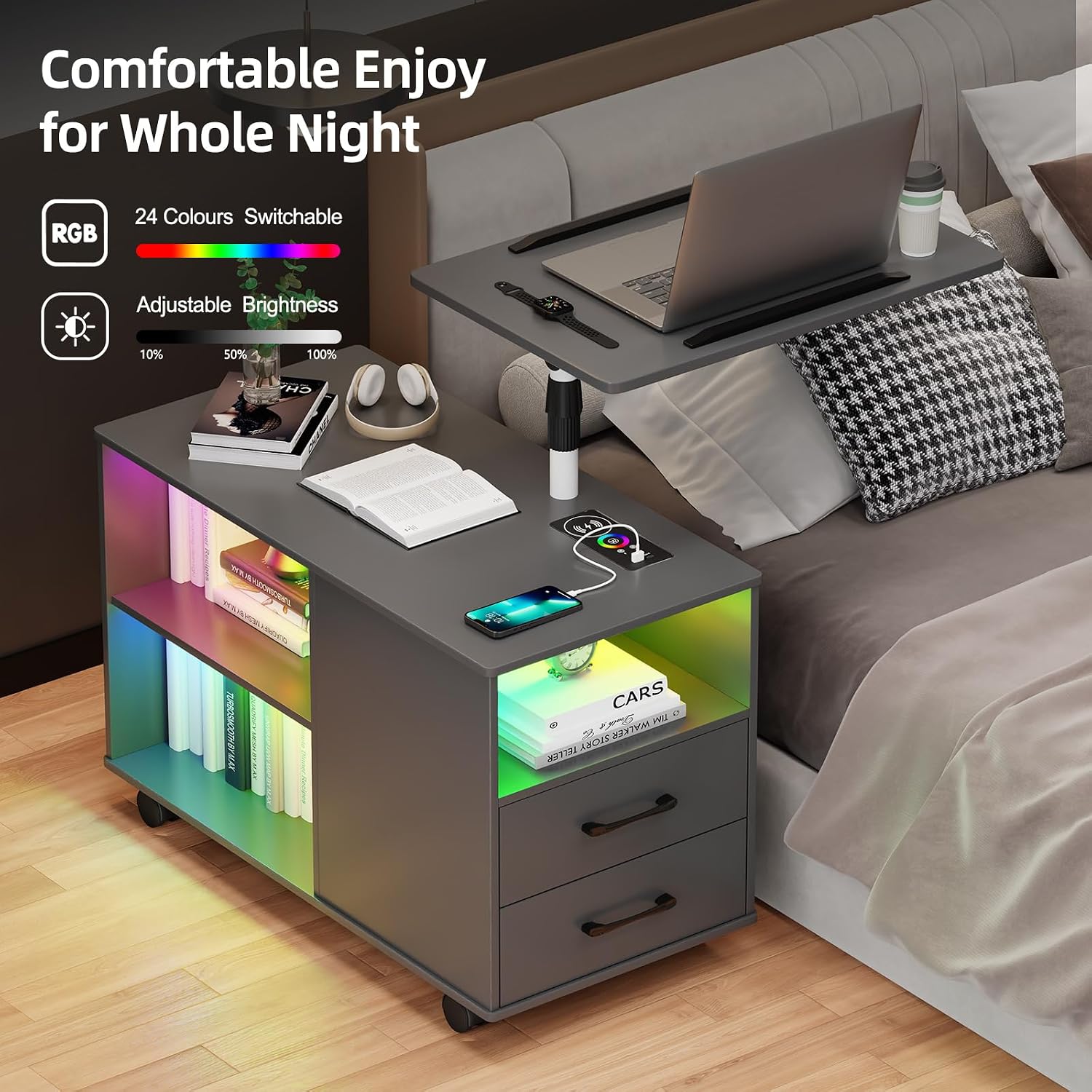 Gurexl Height Adjustable Nightstand with Laptop Tray, LED Bedside Tables with Charging Station, Modern Night Stand Side Table with Human Body Induction (Grey)
