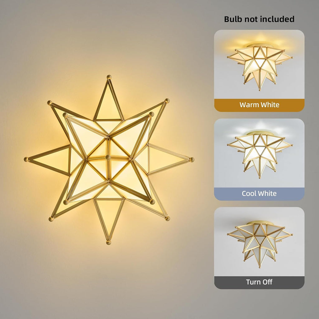 Moravian Brass Star Ceiling Light - Gold Vintage Antique Flush Mount Lighting - Art Deco Mid Century Milk Glass Fixture Lights for Hallway Bedroom Room Hall Entryway Laundry Foyer Kitchen Schoolhouse