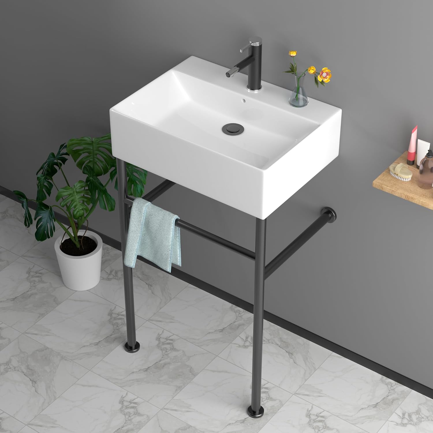 24''x16'' Modern Console Bathroom Sink with Black Stainless Steel Pedestal Legs, Freestanding & Wall Mount Vessel Vanity Basin, Rectangular Ceramic Sink for Small Space, Matte Black