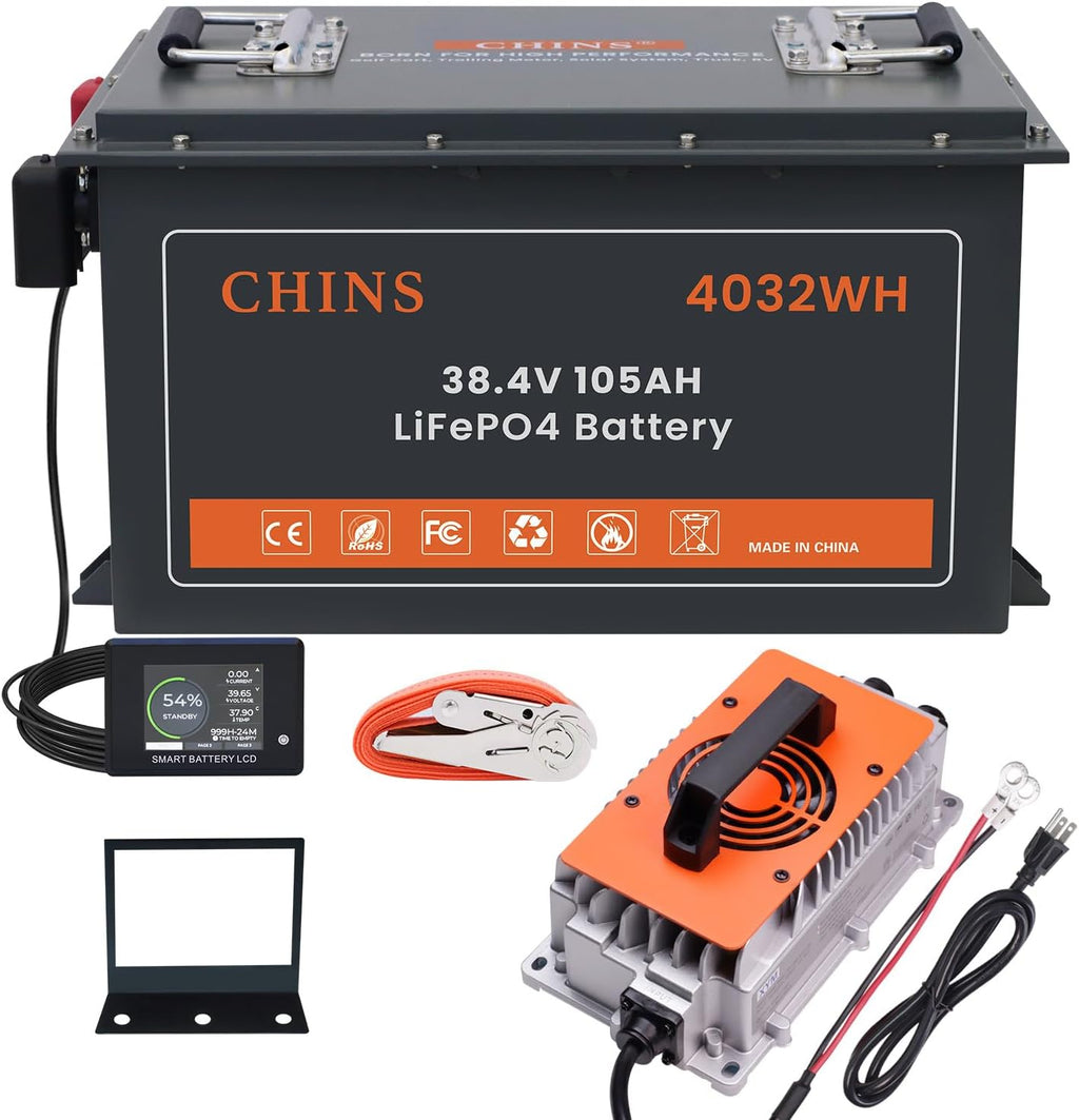 36 Volt Lithium Battery for Golf Cart, 200A BMS - 1000A Peak Current, with Touch Monitor & Mobile APP, 4000+ Cycles 36V 105AH Lithium Battery with 36V 25A Charger