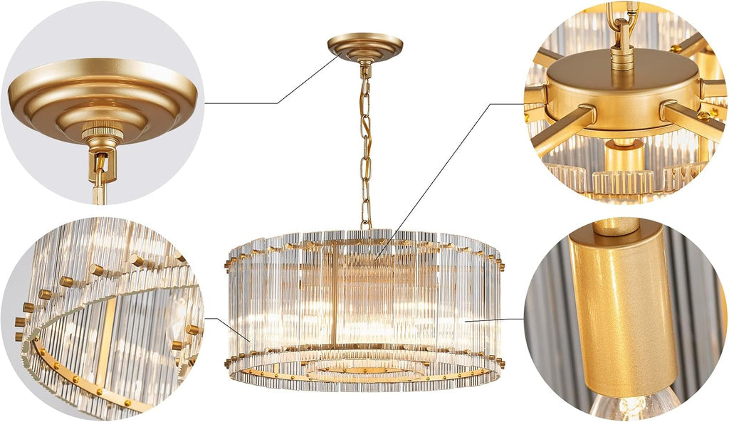 Saint Mossi Moder Glass Chandelier Light Fixture, Doule Layer Drum Pendant Modern Chandelier Lighting with 7-Light, Gold Finish
