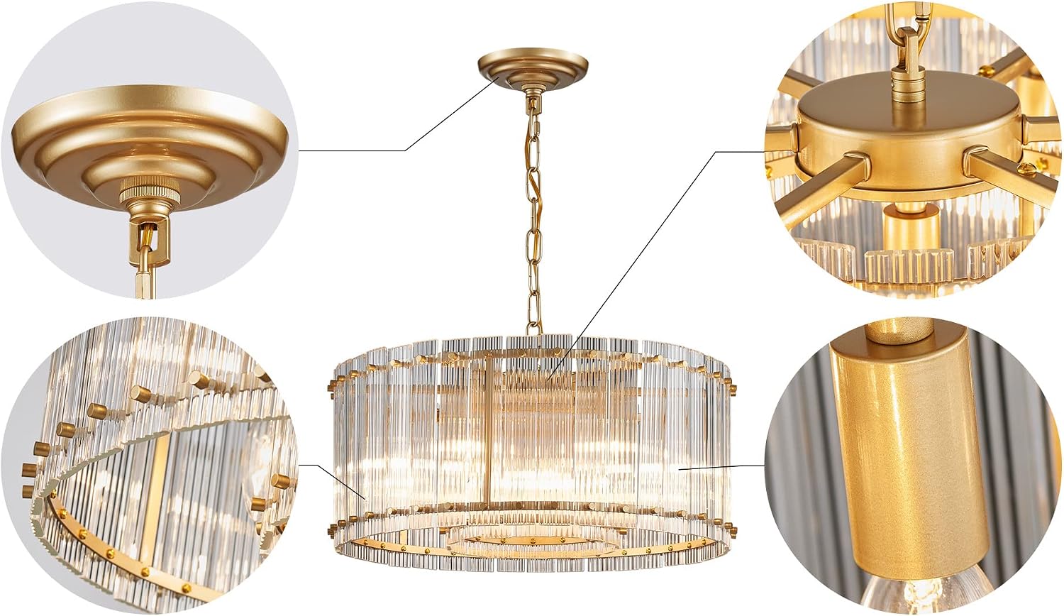 Saint Mossi Moder Glass Chandelier Light Fixture, Doule Layer Drum Pendant Modern Chandelier Lighting with 7-Light, Gold Finish