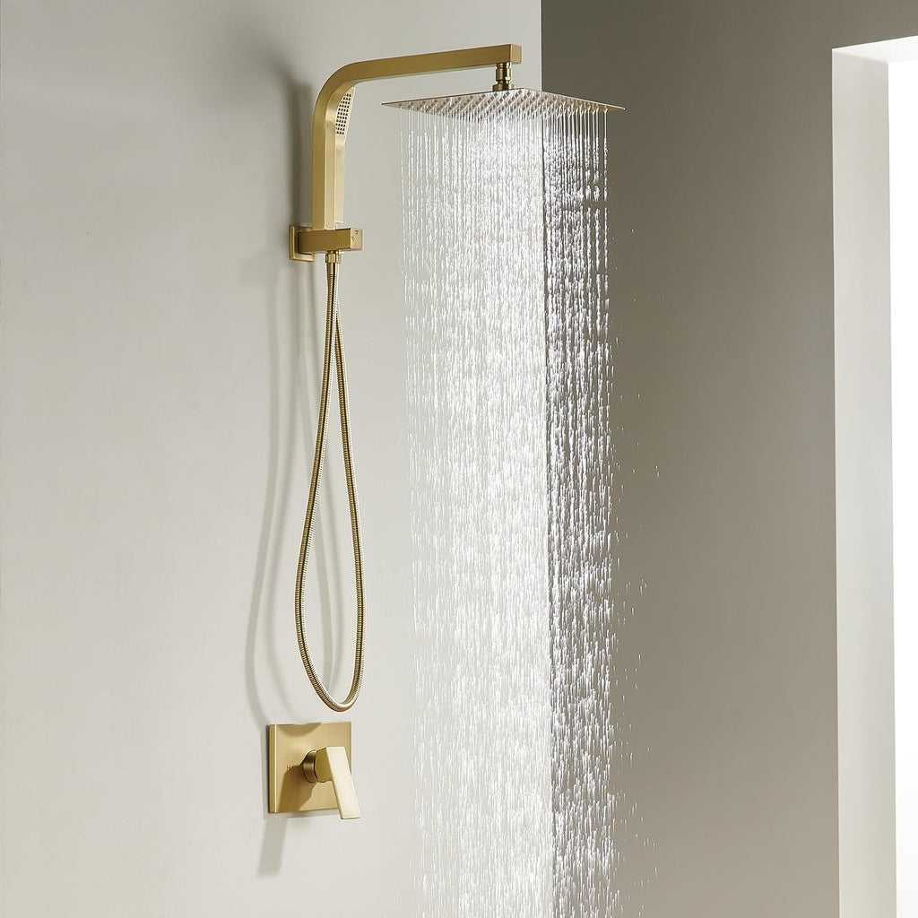 Brushed Gold Shower System with 10Inch Rain Shower Heads with Handheld Spray Combo, Gold Shower Faucet Set with Rain Shower and Handheld, Gold Shower Head and Handle Set(Shower Valve Kit Included)