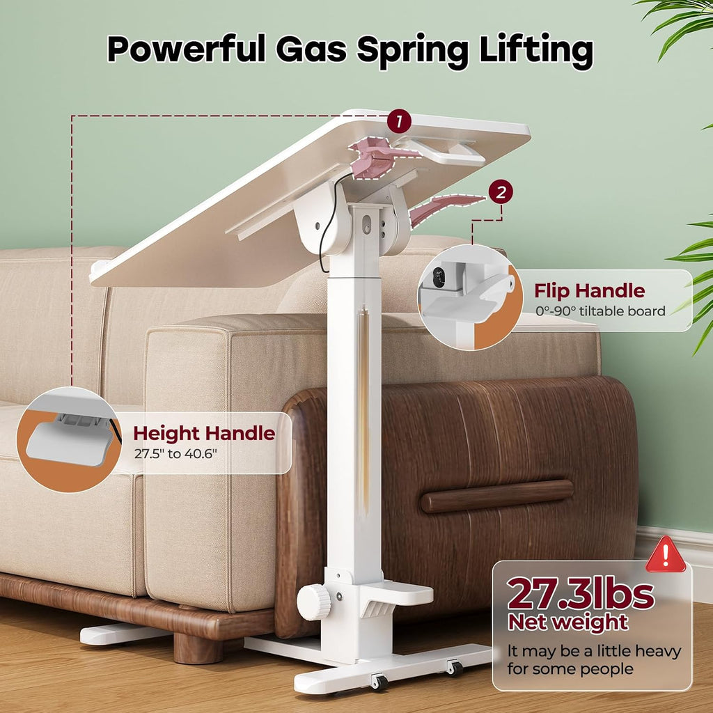 Foldable Mobile Standing Desk, 27 Inch Small Rolling Laptop Cart Height Adjustment, 90° Tiltable Bedside Table, No Assembly Needed Portable Computer Workstation, White