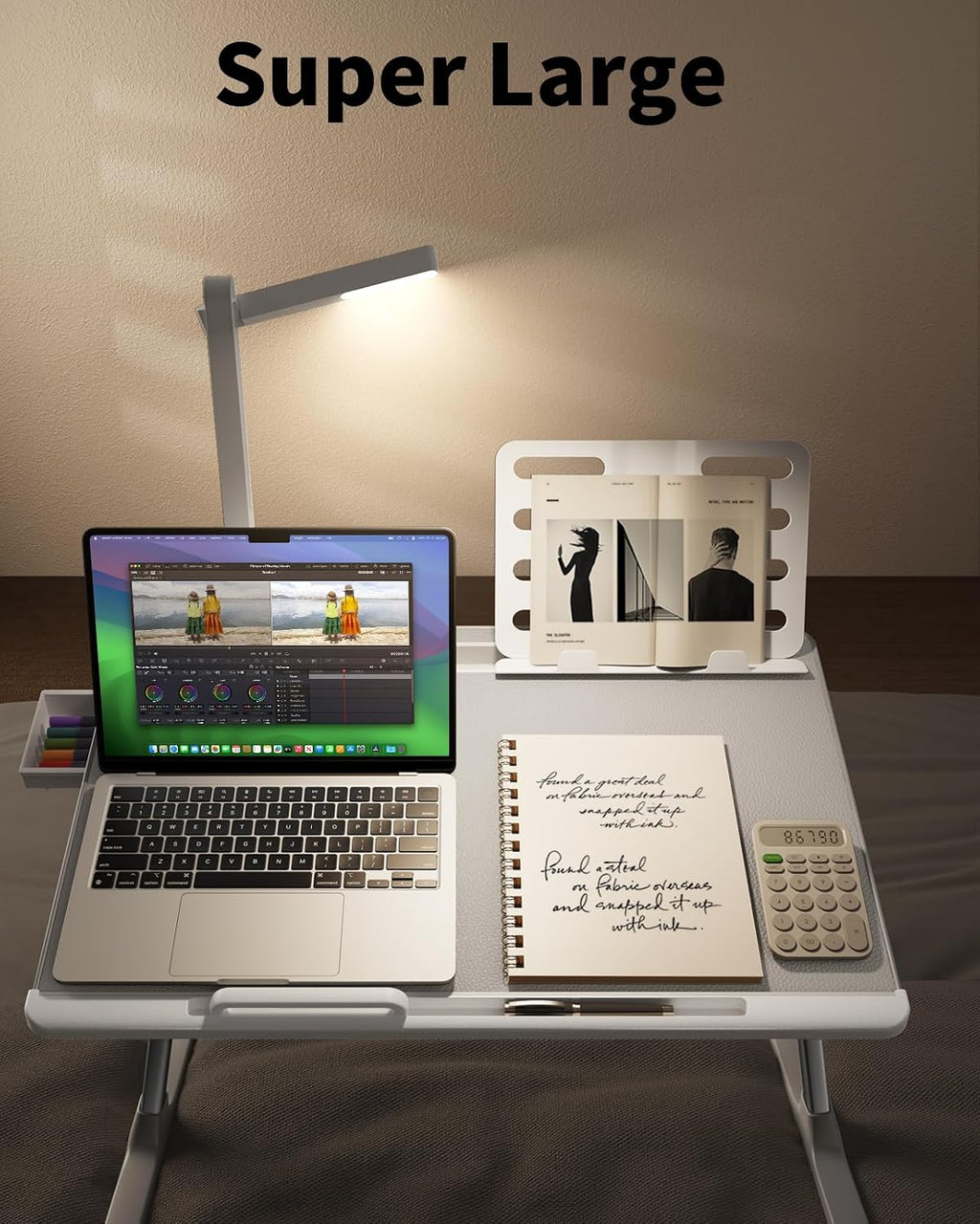 Laptop Bed Tray Desk with LED Desk Lamp, SAIJI Adjustable Laptop Stand for Bed, XX-Large PVC Leather Foldable Table with Book Stand, Wrist Rest, Extra Leg Room for Sofa Couch Floor (Gray)