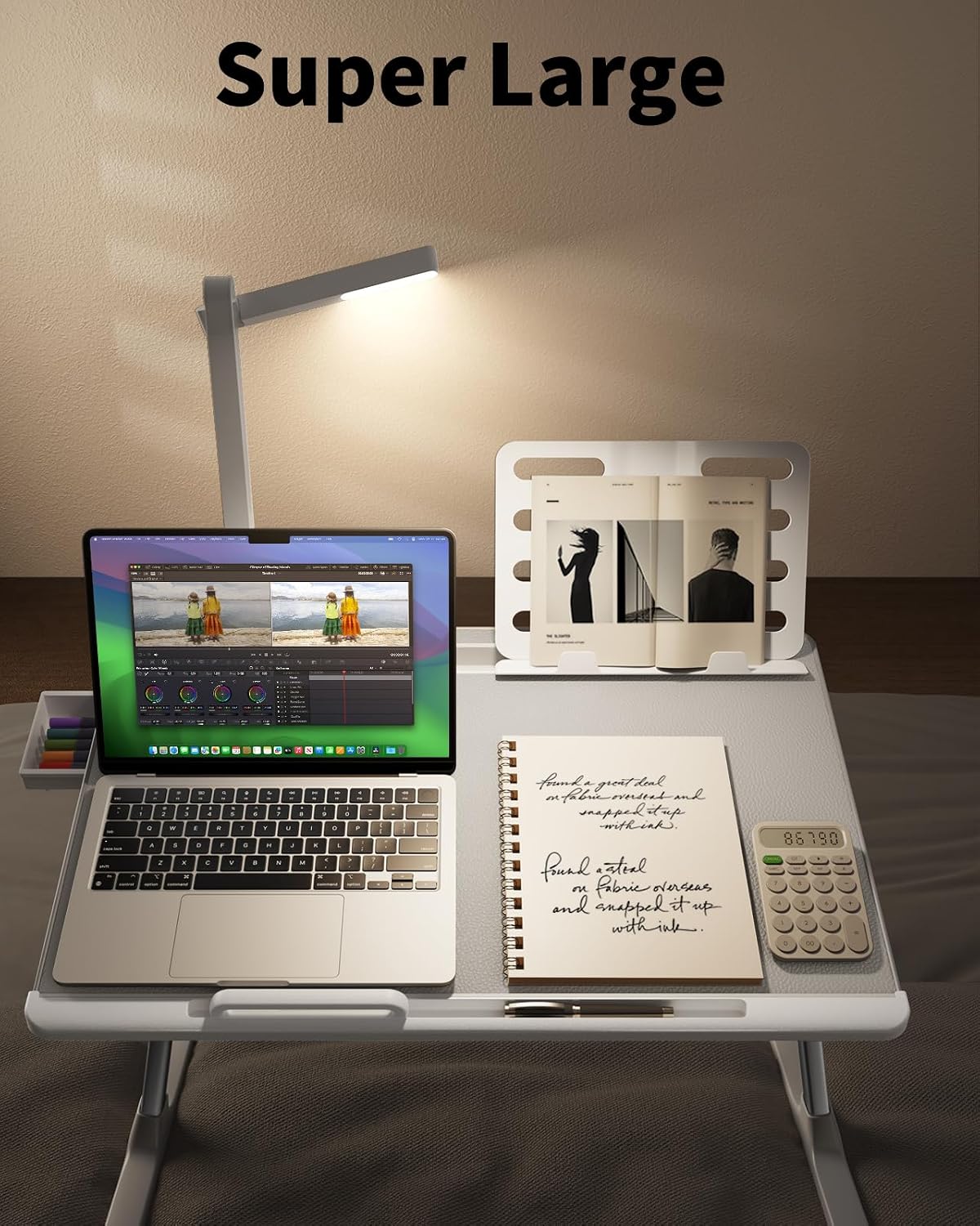 Laptop Bed Tray Desk with LED Desk Lamp, SAIJI Adjustable Laptop Stand for Bed, XX-Large PVC Leather Foldable Table with Book Stand, Wrist Rest, Extra Leg Room for Sofa Couch Floor (Gray)