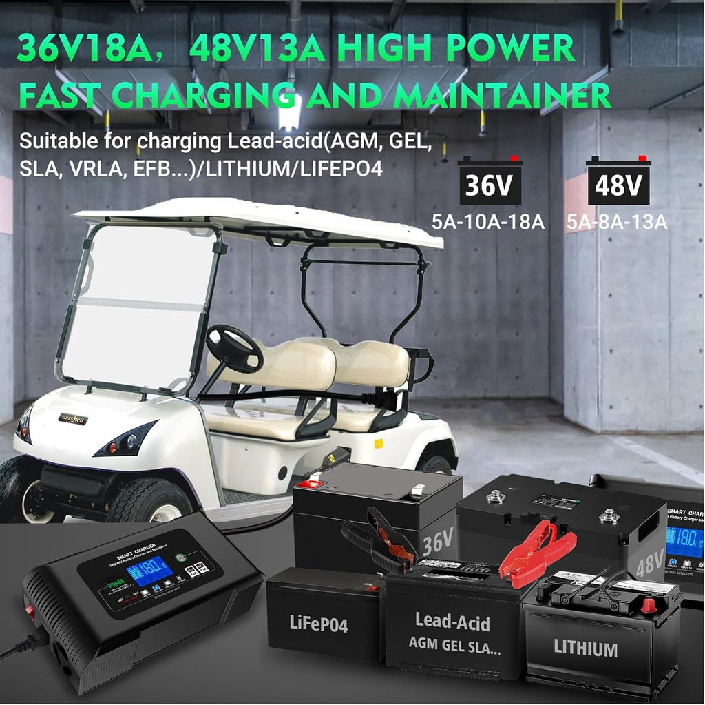 Smart 36V/48V 18A Battery Charger & Maintainer – 4-Mode LiFePO4/AGM/Lead-Acid Battery Charger with Pulse Repair, Auto Temp Control for Car, Golf Cart, Marine, Truck, Lawn Mower