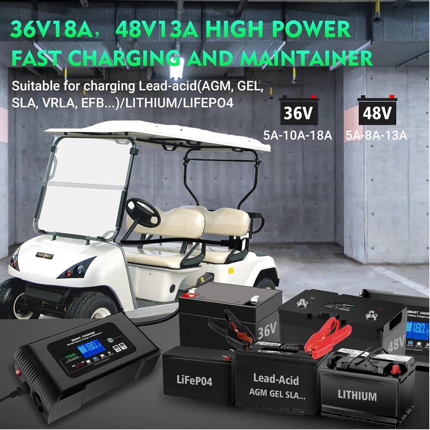 Smart 36V/48V 18A Battery Charger & Maintainer – 4-Mode LiFePO4/AGM/Lead-Acid Battery Charger with Pulse Repair, Auto Temp Control for Car, Golf Cart, Marine, Truck, Lawn Mower