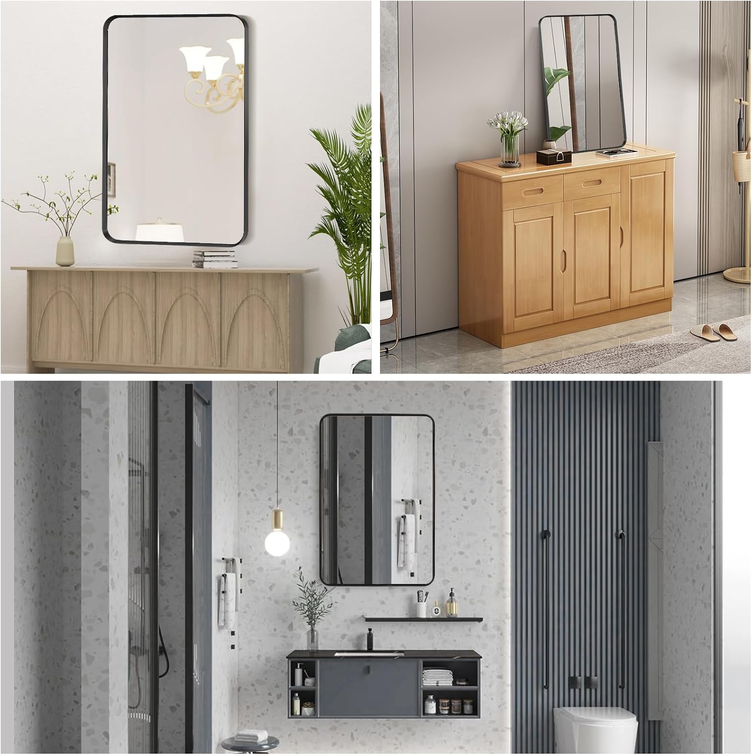 Wall Mount Mirror for Bathroom, Brush Black Metal Framed Rounded Corner Rectangular Vanity Mirror (16' x 20', Black)