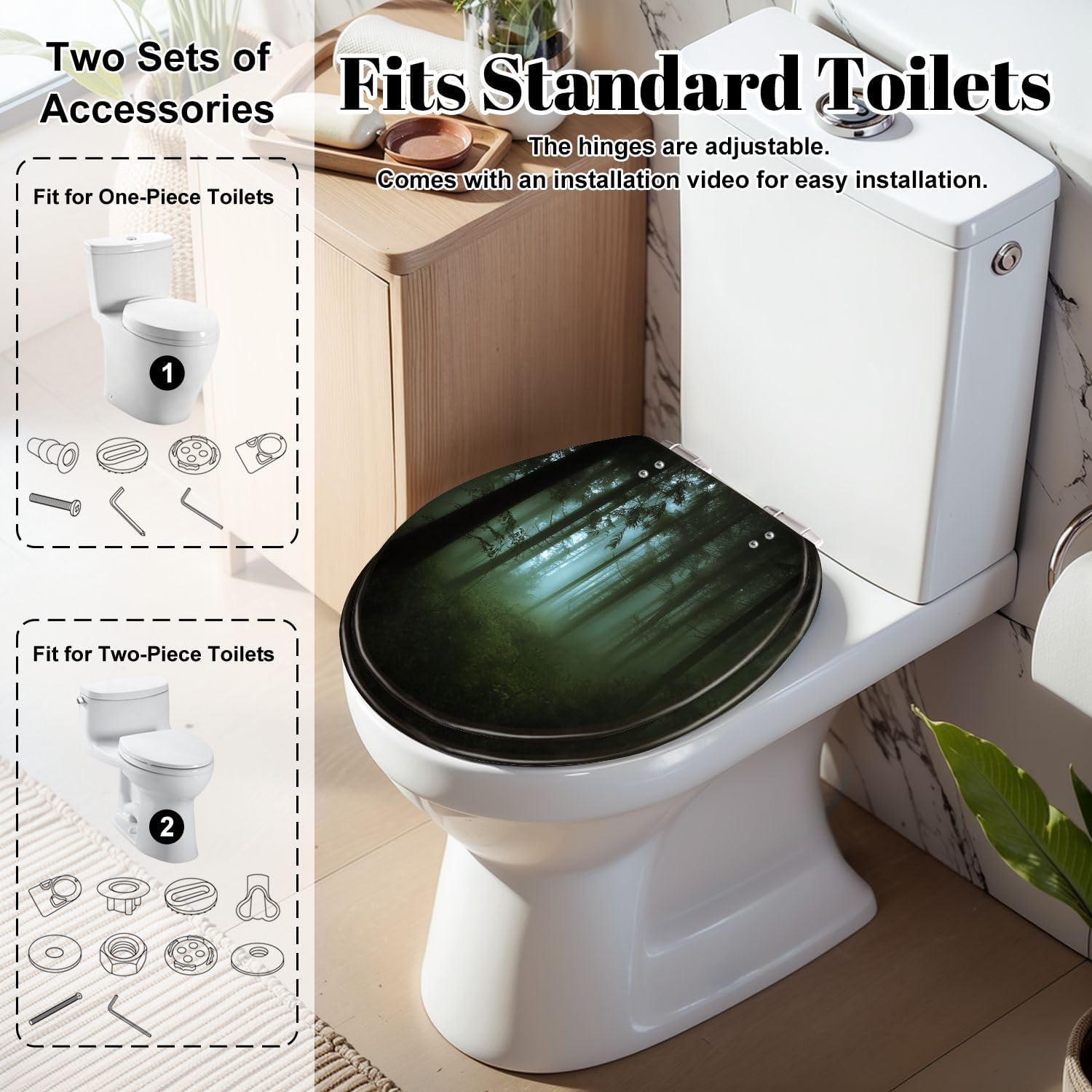 Round Toilet Seat green forest fog morning Resin Toilet Seat Slow Quiet Close Lid with Quick-Release Hinges Cover Bumpers Easy to Clean Install