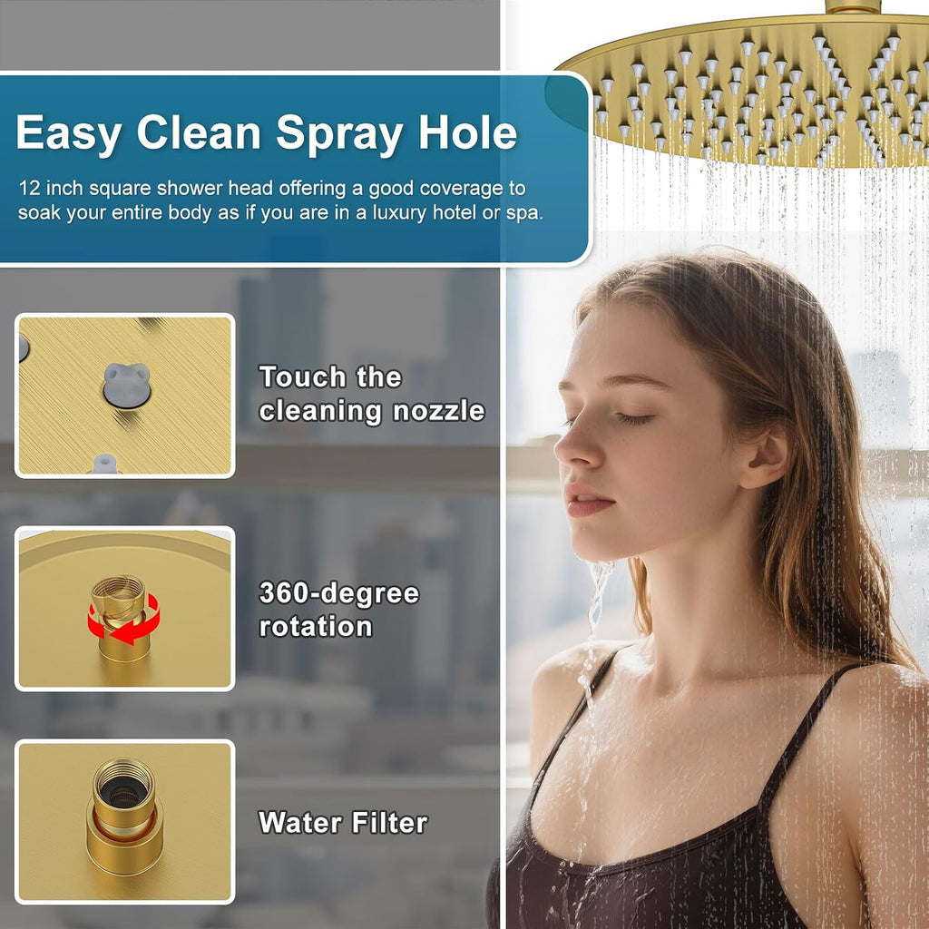 Shower System Shower Faucet Set Rainfall Shower Set with Valve 12+6' Dual Rain Shower Head with Handheld Ceiling Mount Wall Mount Shower Head Shower System, Brushed Gold