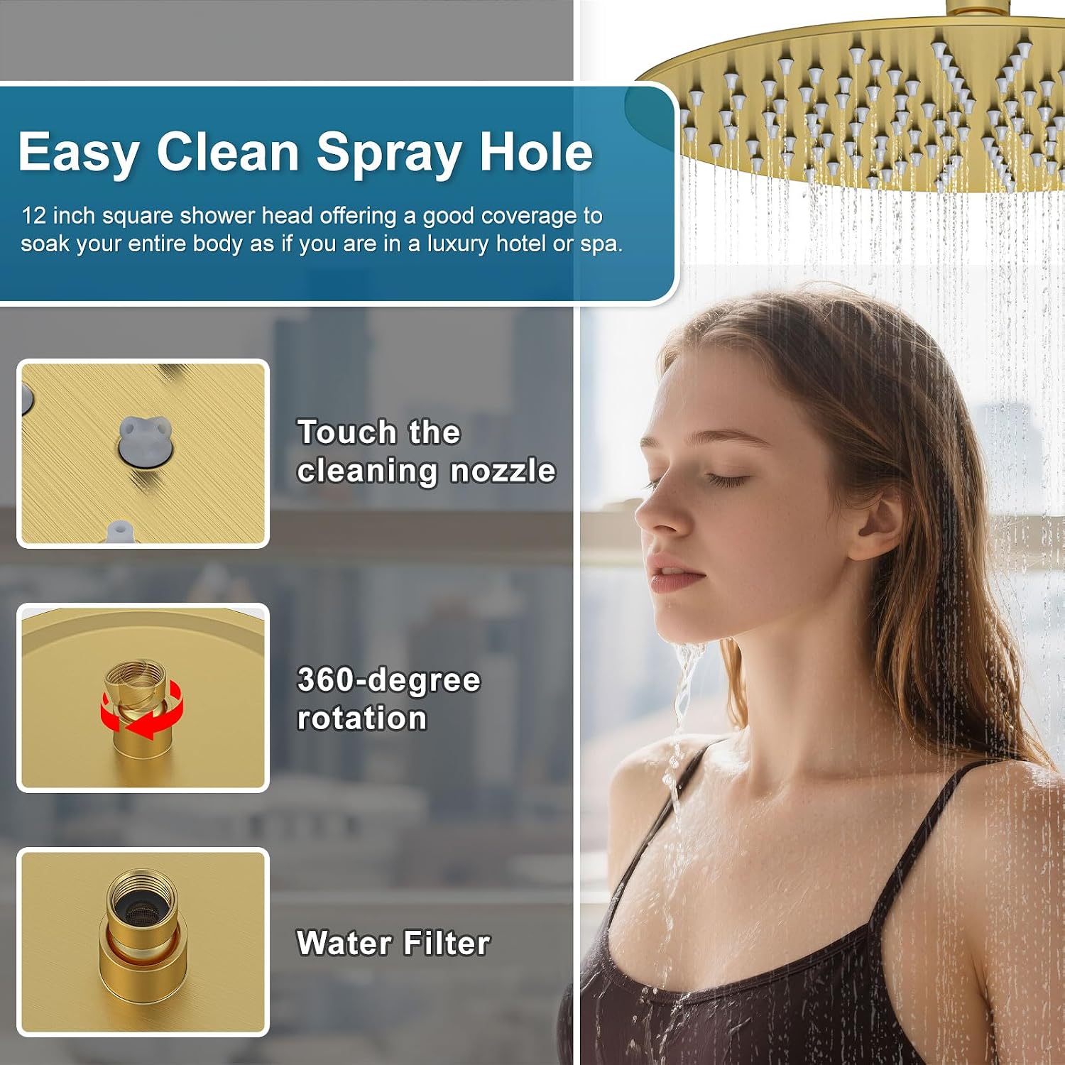 Shower System Shower Faucet Set Rainfall Shower Set with Valve 12+6' Dual Rain Shower Head with Handheld Ceiling Mount Wall Mount Shower Head Shower System, Brushed Gold
