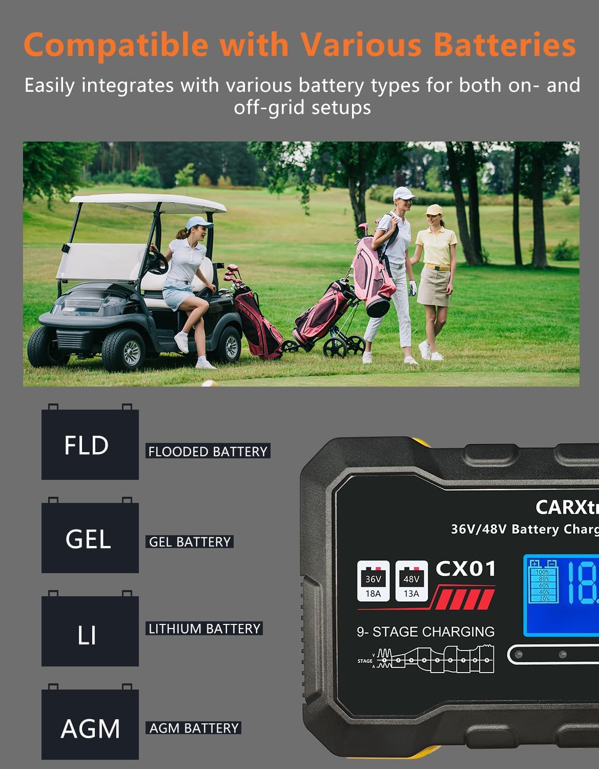36V 18A & 48V 13A Golf Cart Battery Charger for EZGO TXT with D Style Plug, Smart Trickle Charger