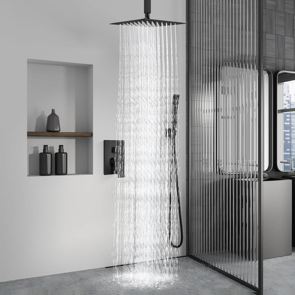 Aolemi Ceiling Mount Shower System Rain Shower Head with Handheld Spray High Pressure Shower Faucet Set Rough-in Valve Shower Trim Kit Included Bathroom Oil Rubbed Bronze 16 Inch Ceiling Shower Head