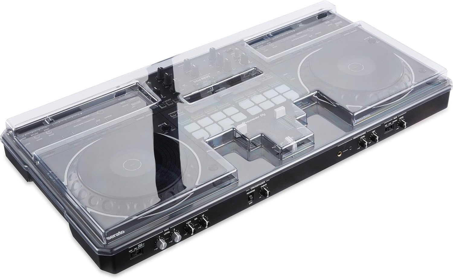 Pioneer DDJ-REV5 4-deck DJ Controller with Decksaver DS-PC-DDJREV5 Polycarbonate Cover, Cans50 Professional Headphones and LPT5000 Laptop Stand