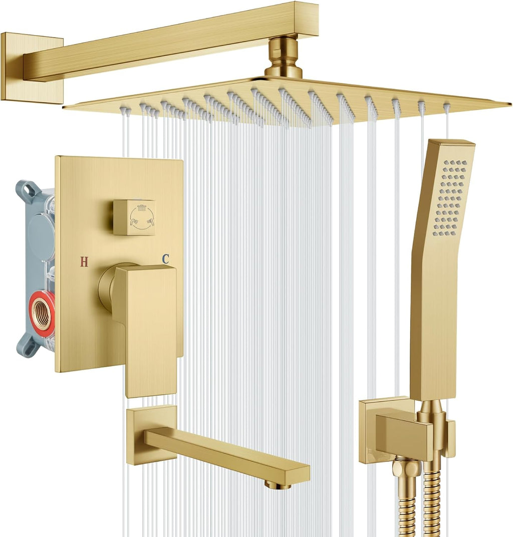 gotonovo Shower System with Tub Spout Wall Mounted Rain Shower Head and Handle Combo Shower Faucet Set with Valve, 12 Inch, Brushed Gold