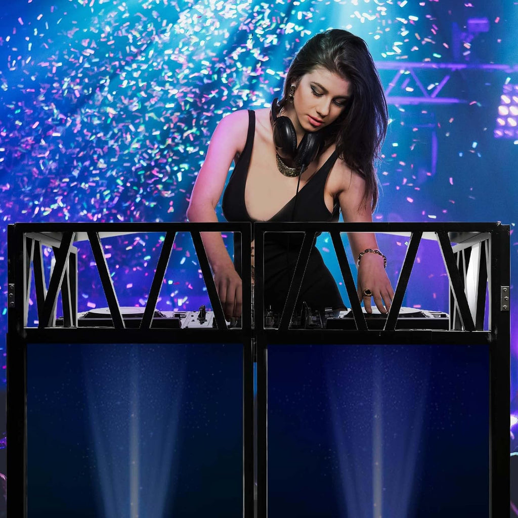 Portable DJ Booth Facade Stand, Foldable DJ Table 40' x 20' x 45' Tabletop, DJ Facade Station for DJ Controller, Mixer & LaptopEvents&Parties – Includes Carry Bag&Two Metal Corner Tables.
