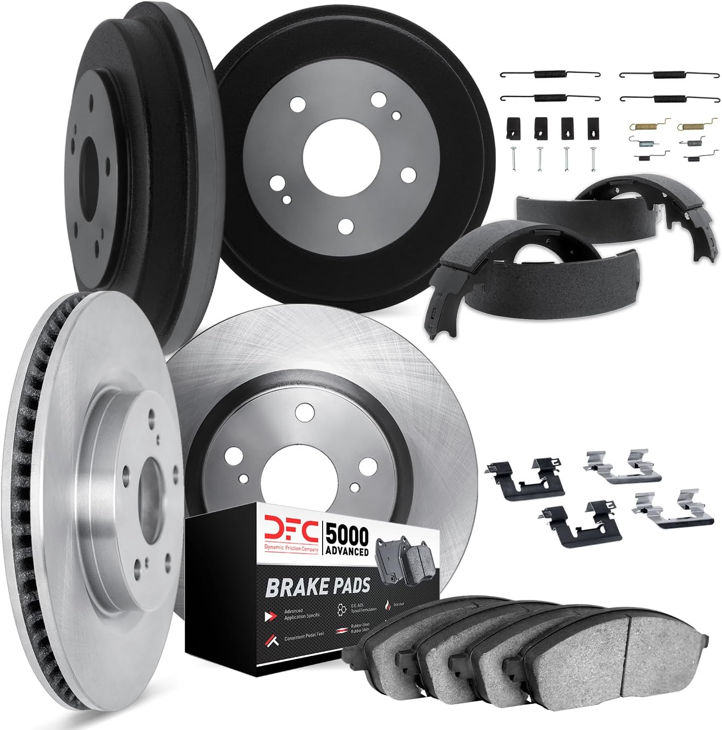 Dynamic Friction Company Front and Rear Brake Kit Fits 2013-2016 Nissan Sentra FE+S, S, SV; 2017-2019 Nissan Sentra S, SV| 5000 Advanced Pads, Blank Rotors| Hardware, Drum, Shoes
