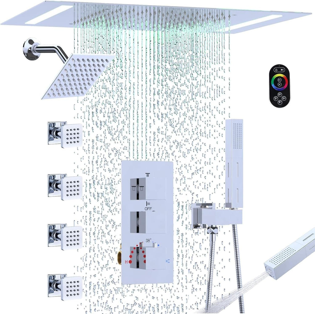 Thermostatic Dual Heads Shower System Chrome Faucets Set, 4-Way Full Body Spray Shower Fixtures 14X20' LED Rainfall Shower Head with 6' Wall Mount Showerhead, Dual-mode Handheld, 4 Jets with Shut-Off