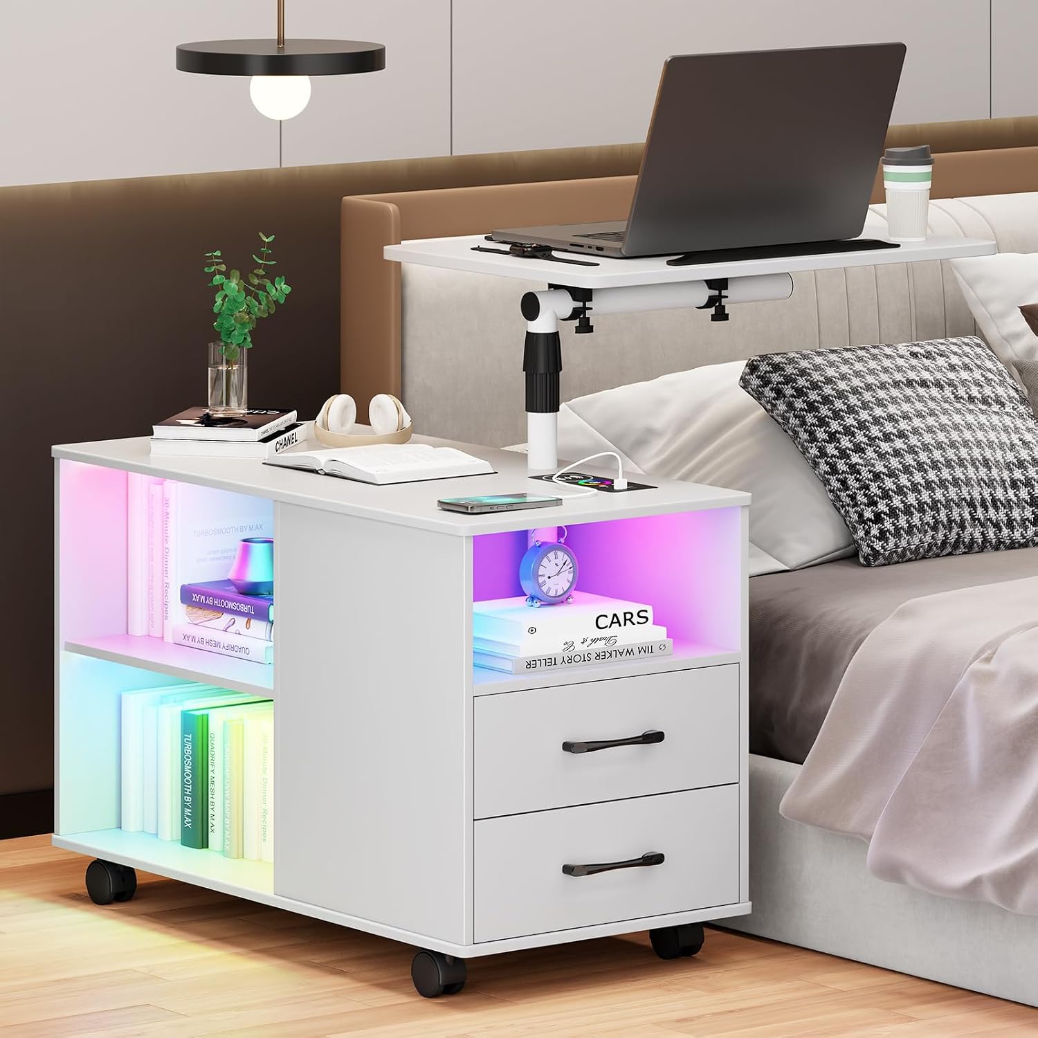 HNEBC LED Nightstand with RGB Lights&Charging Station for Bedroom, Smart Bedside Table with Lockable Wheels, 2 Drawer, Modern End Side Table with Adjustable Rotary (White)