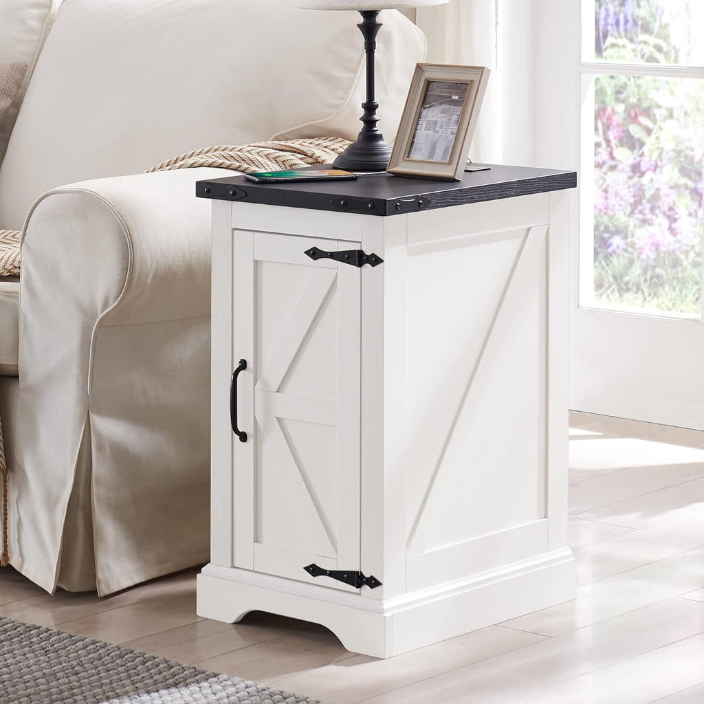 JXQTLINGMU Farmhouse Nightstand Set of 2 with Charging Station, 17' D Rectangular End Table with Barn Door & Adjustable Storage Shelf, Wood Rustic Sofa Side Table for Living Room, Bedroom, White