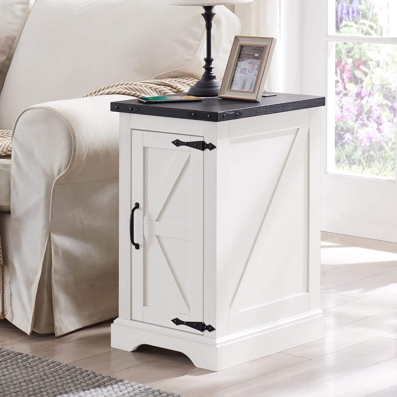 JXQTLINGMU Farmhouse Nightstand Set of 2 with Charging Station, 17' D Rectangular End Table with Barn Door & Adjustable Storage Shelf, Wood Rustic Sofa Side Table for Living Room, Bedroom, White