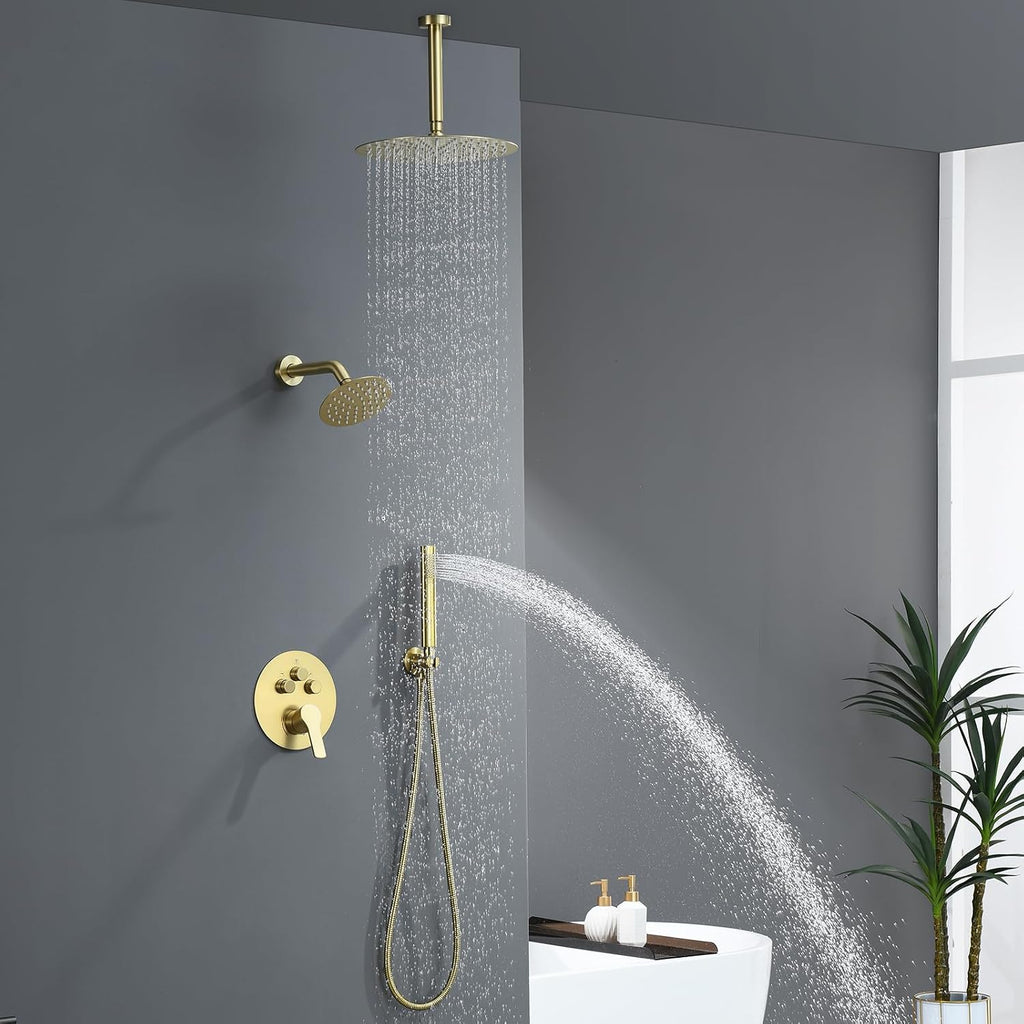 Brushed Gold Shower Faucet Set, Gold Shower System with Rain Shower and Handheld Bathroom Ceiling 12 Inch Shower Set with Brass Valve