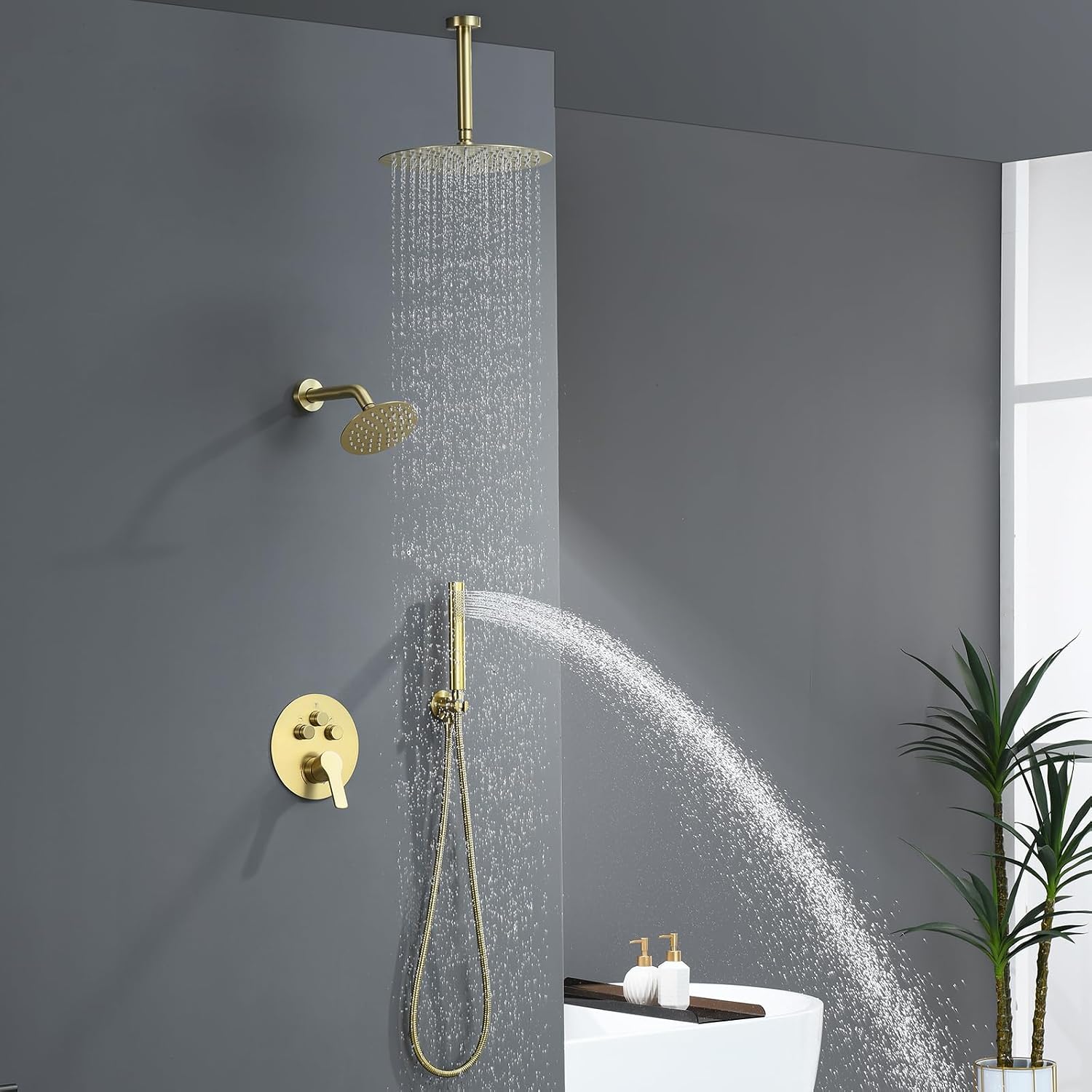 Brushed Gold Shower Faucet Set, Gold Shower System with Rain Shower and Handheld Bathroom Ceiling 12 Inch Shower Set with Brass Valve