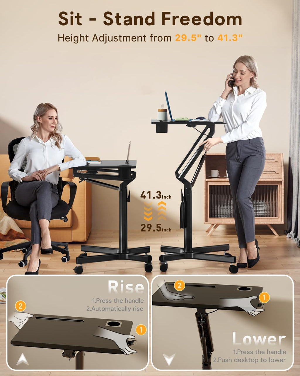 JOY Worker Standing Desk, 28' Small Height Adjustable Rolling Laptop Desk, Portable Sit-Stand with Lockable Wheels, Ergonomic Desktop Table for Home Office, Black