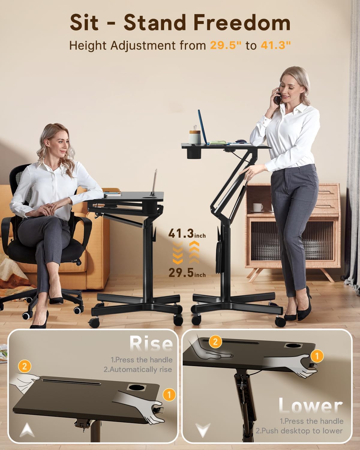 JOY Worker Standing Desk, 28' Small Height Adjustable Rolling Laptop Desk, Portable Sit-Stand with Lockable Wheels, Ergonomic Desktop Table for Home Office, Black