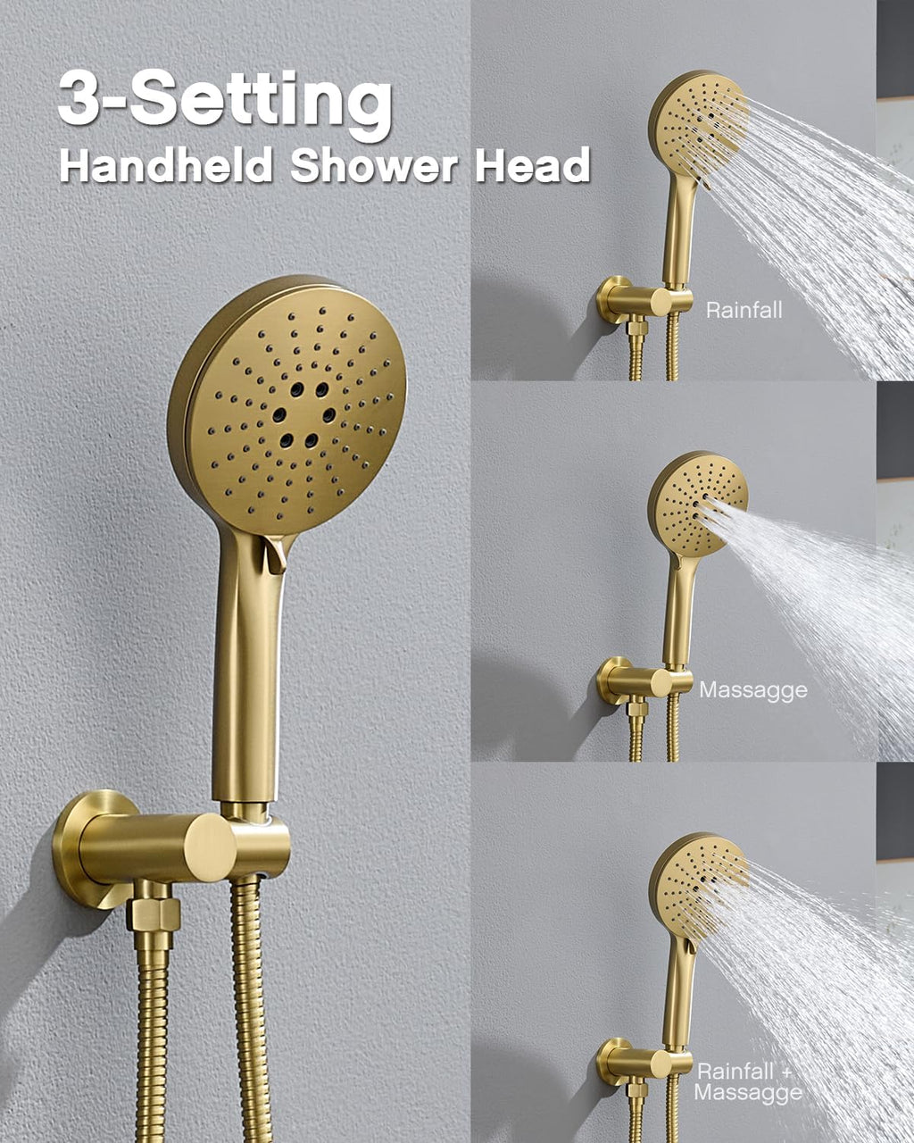 Iriber Shower System with Handheld Spray, Bathroom Round Dual Shower Heads Faucet Set with Push Button Diverter, Brushed Gold Shower Mixer Valve Trim Kit (Valve Included)
