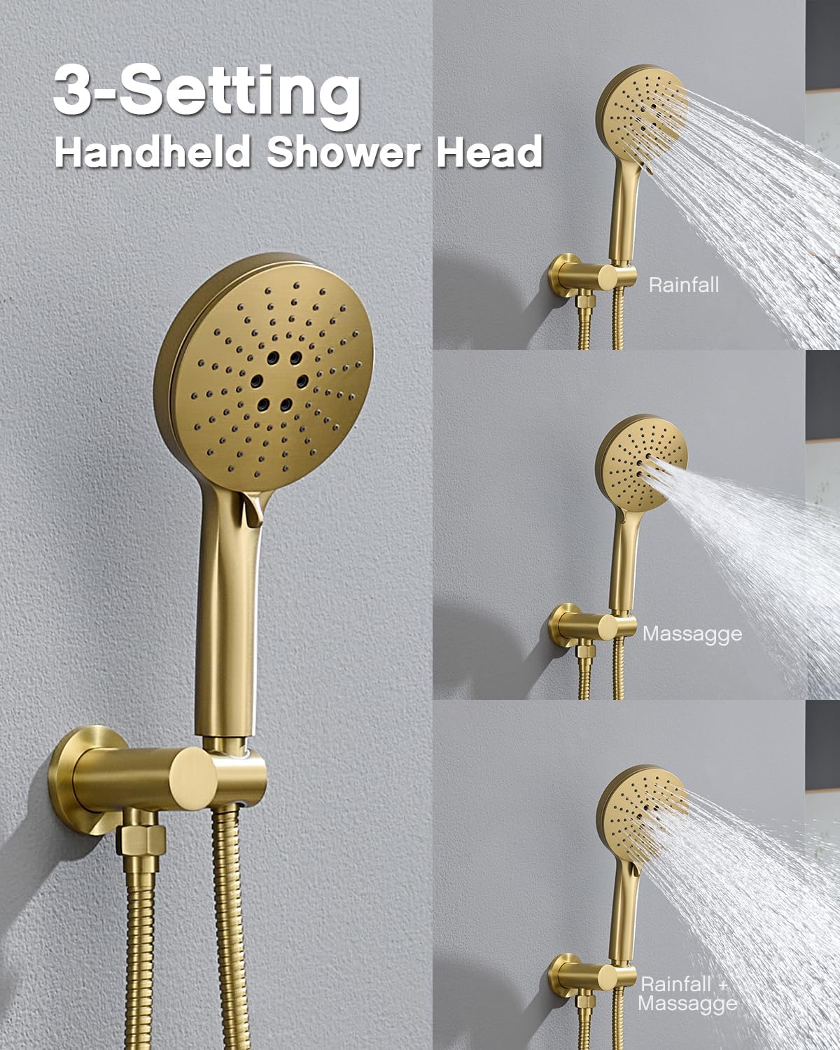 Iriber Shower System with Handheld Spray, Bathroom Round Dual Shower Heads Faucet Set with Push Button Diverter, Brushed Gold Shower Mixer Valve Trim Kit (Valve Included)